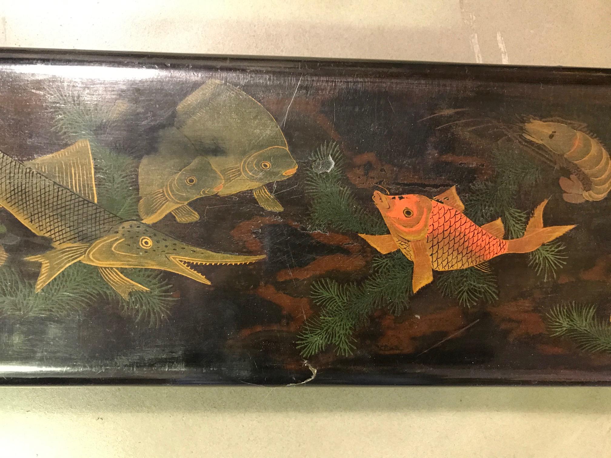 Meiji Japanese Asian Hand Painted Lacquered Temple Shrine Plaque Fish Ocean 19th Cent For Sale
