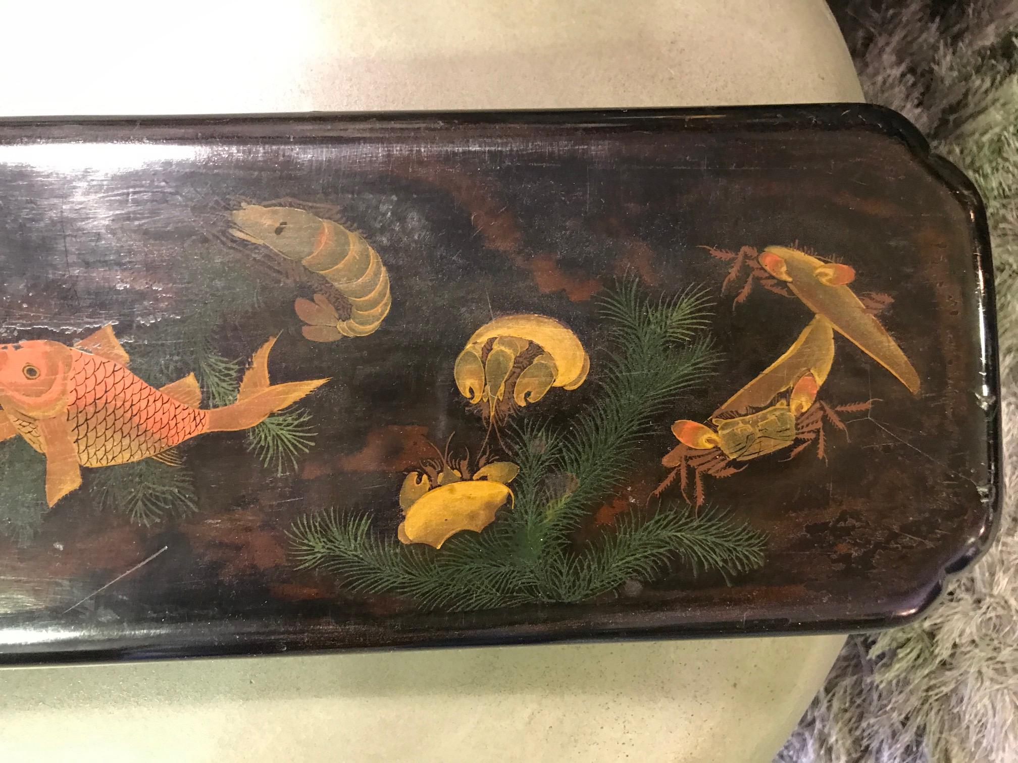 Hand-Painted Japanese Asian Hand Painted Lacquered Temple Shrine Plaque Fish Ocean 19th Cent For Sale