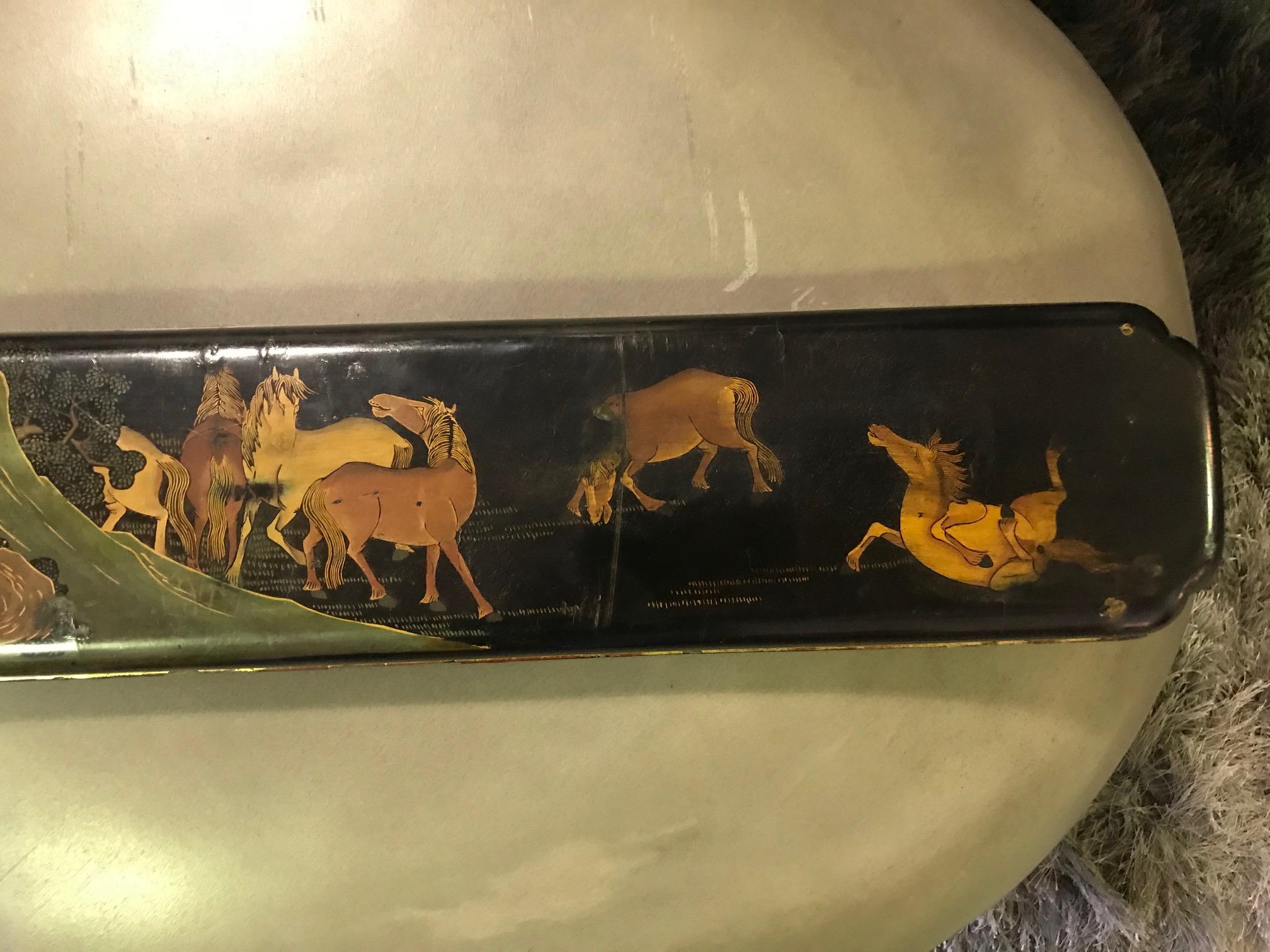Meiji Japanese Asian Hand Painted Lacquered Temple Shrine Plaque Horses, 19th Century For Sale
