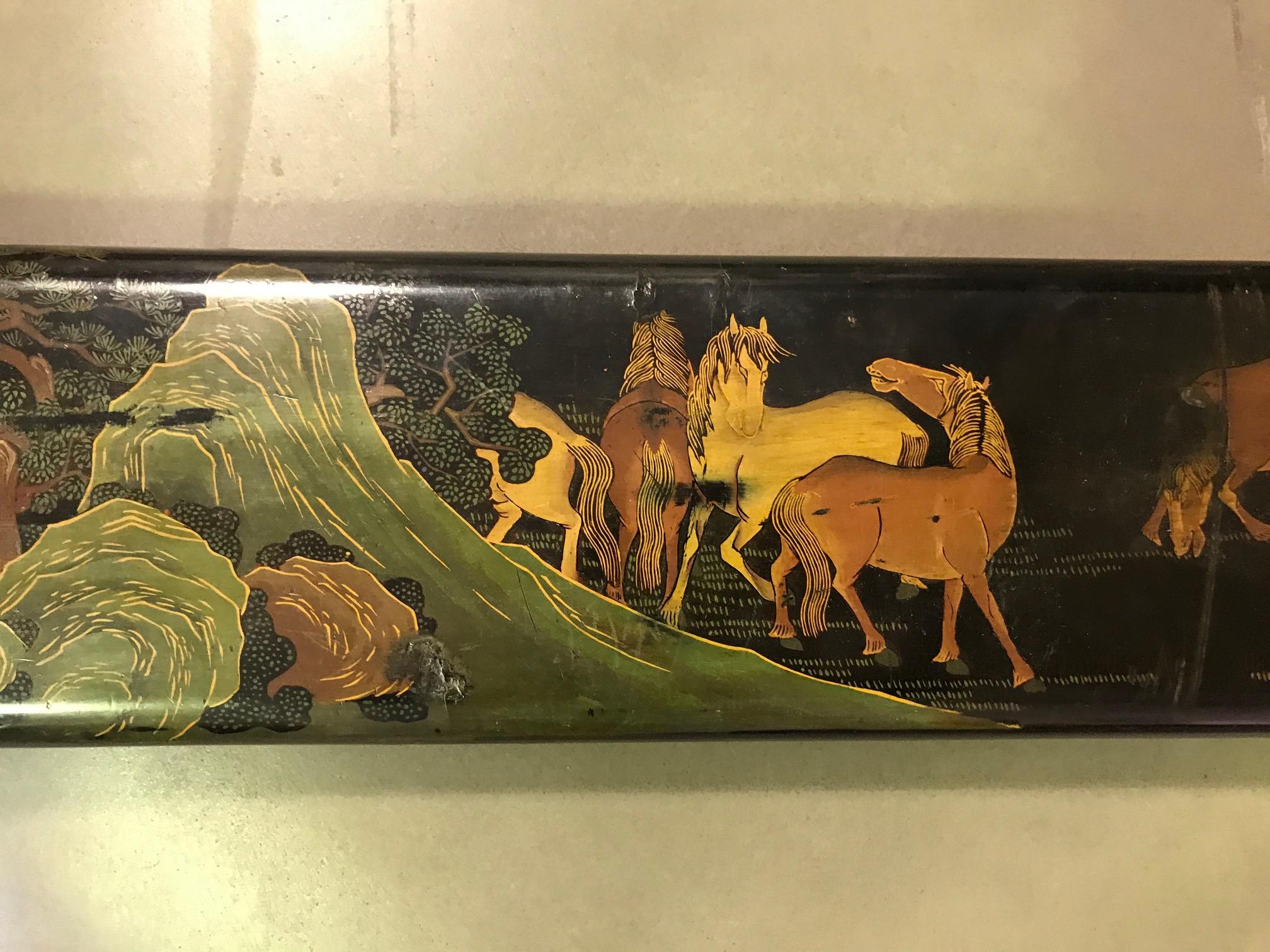 Hand-Painted Japanese Asian Hand Painted Lacquered Temple Shrine Plaque Horses, 19th Century For Sale