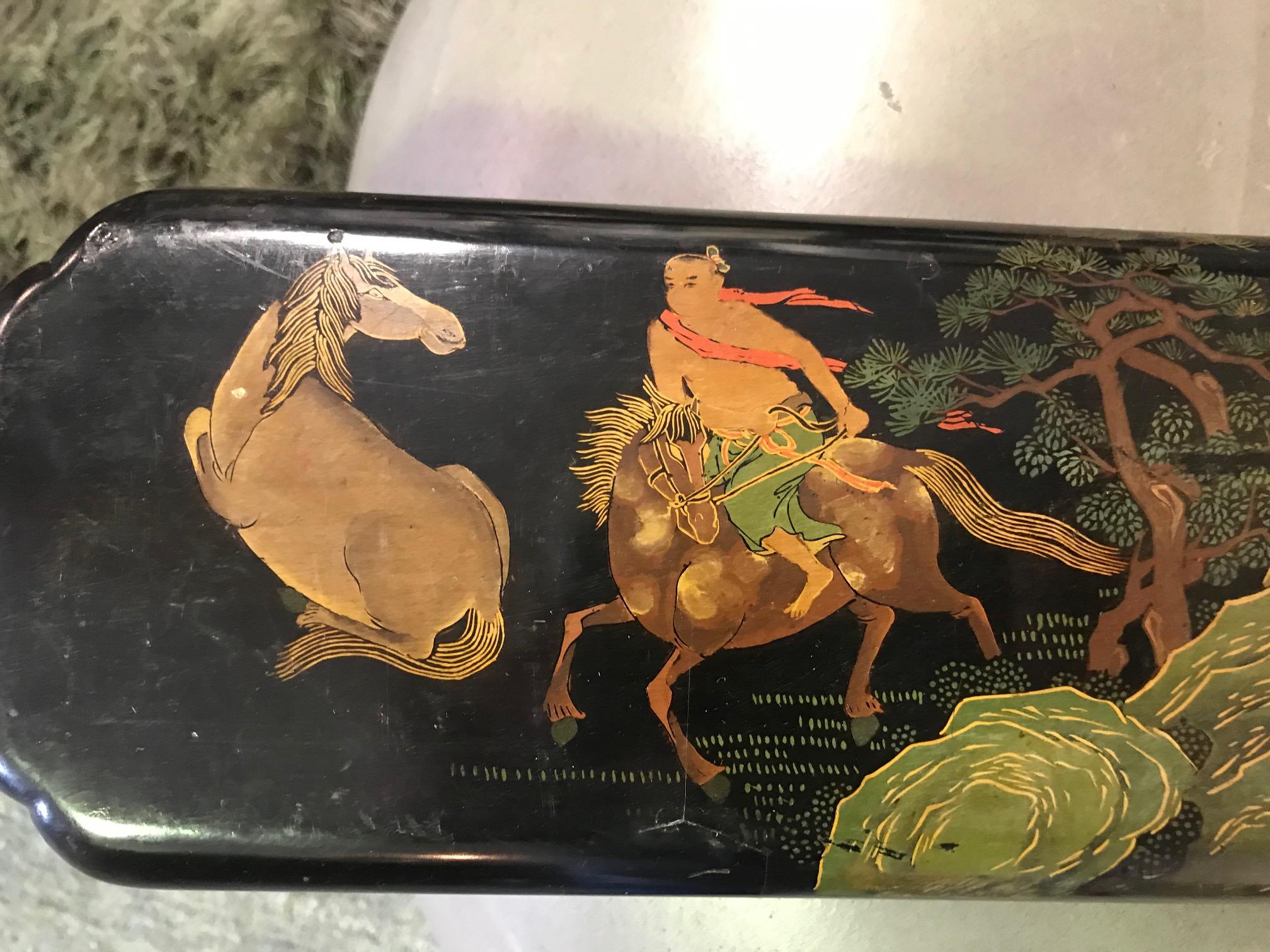 Japanese Asian Hand Painted Lacquered Temple Shrine Plaque Horses, 19th Century In Good Condition For Sale In Studio City, CA