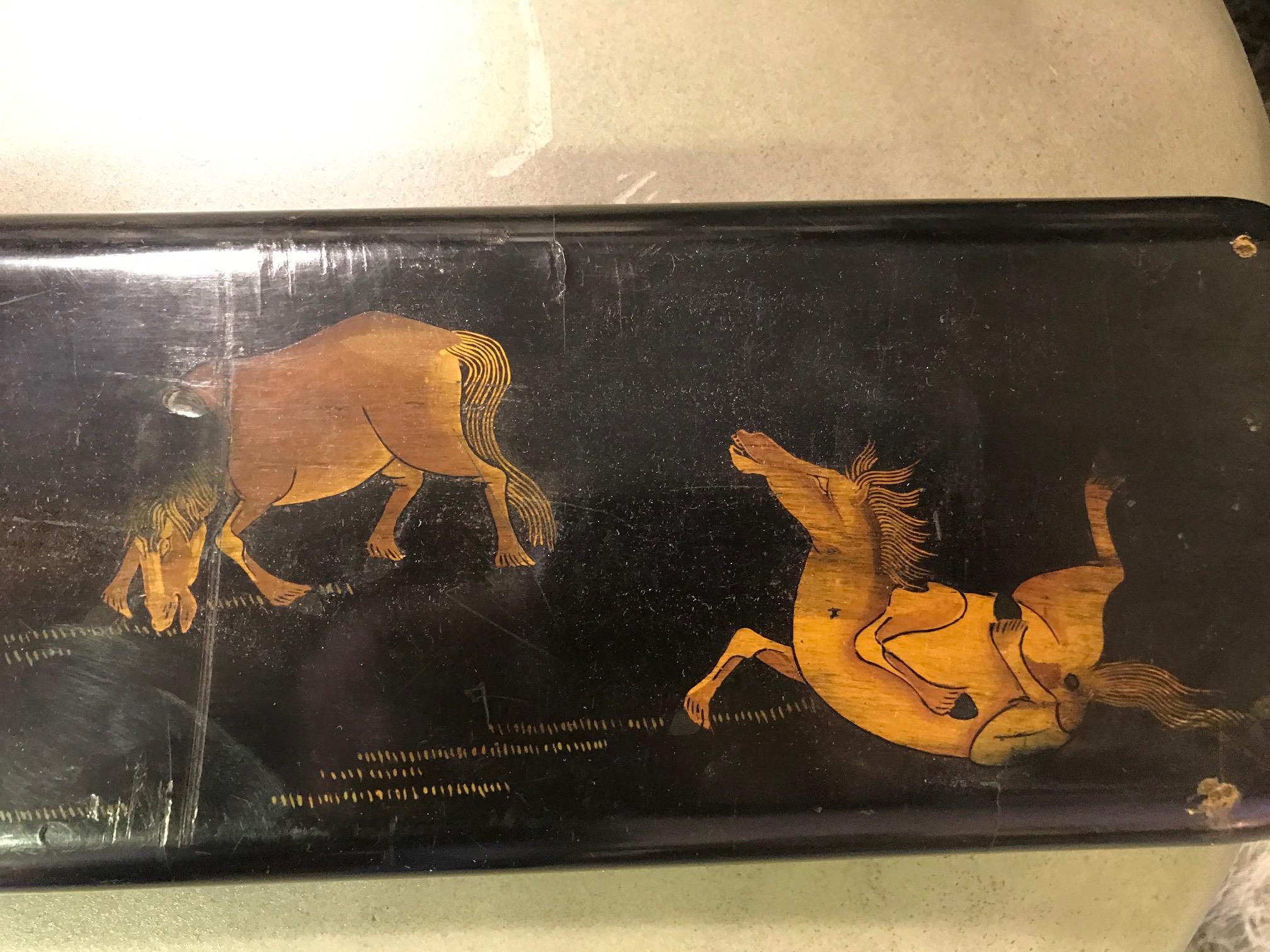 Japanese Asian Hand Painted Lacquered Temple Shrine Plaque Horses, 19th Century For Sale 1