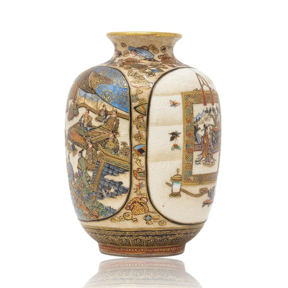 Ceramic Japanese Hand Painted Meiji Period Satsuma Vase For Sale