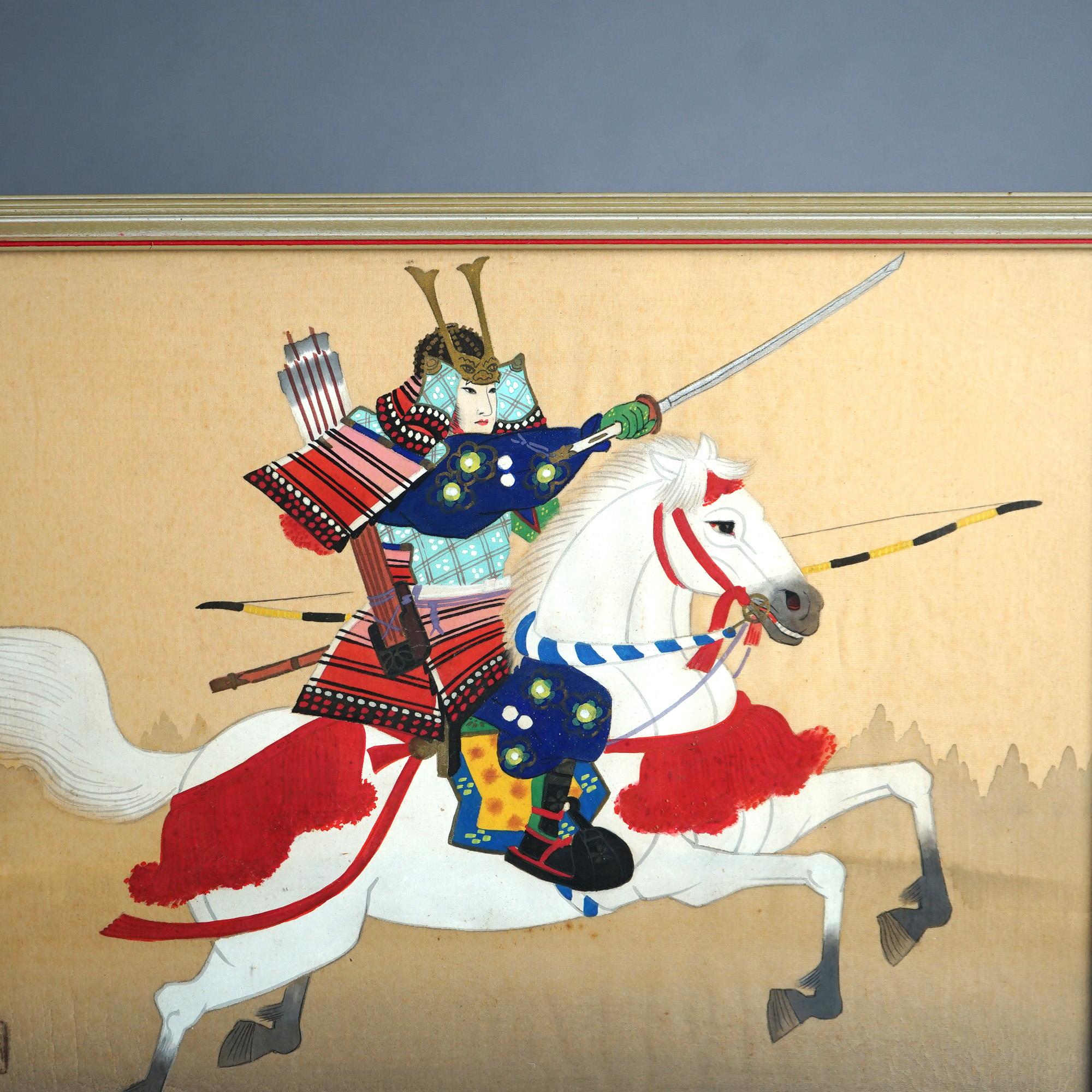 Japanese Hand Painted Oil on Silk Portrait “Samurai On Horseback”, Framed, C1930

Measures- 14.75''H x 18''W x 1''D