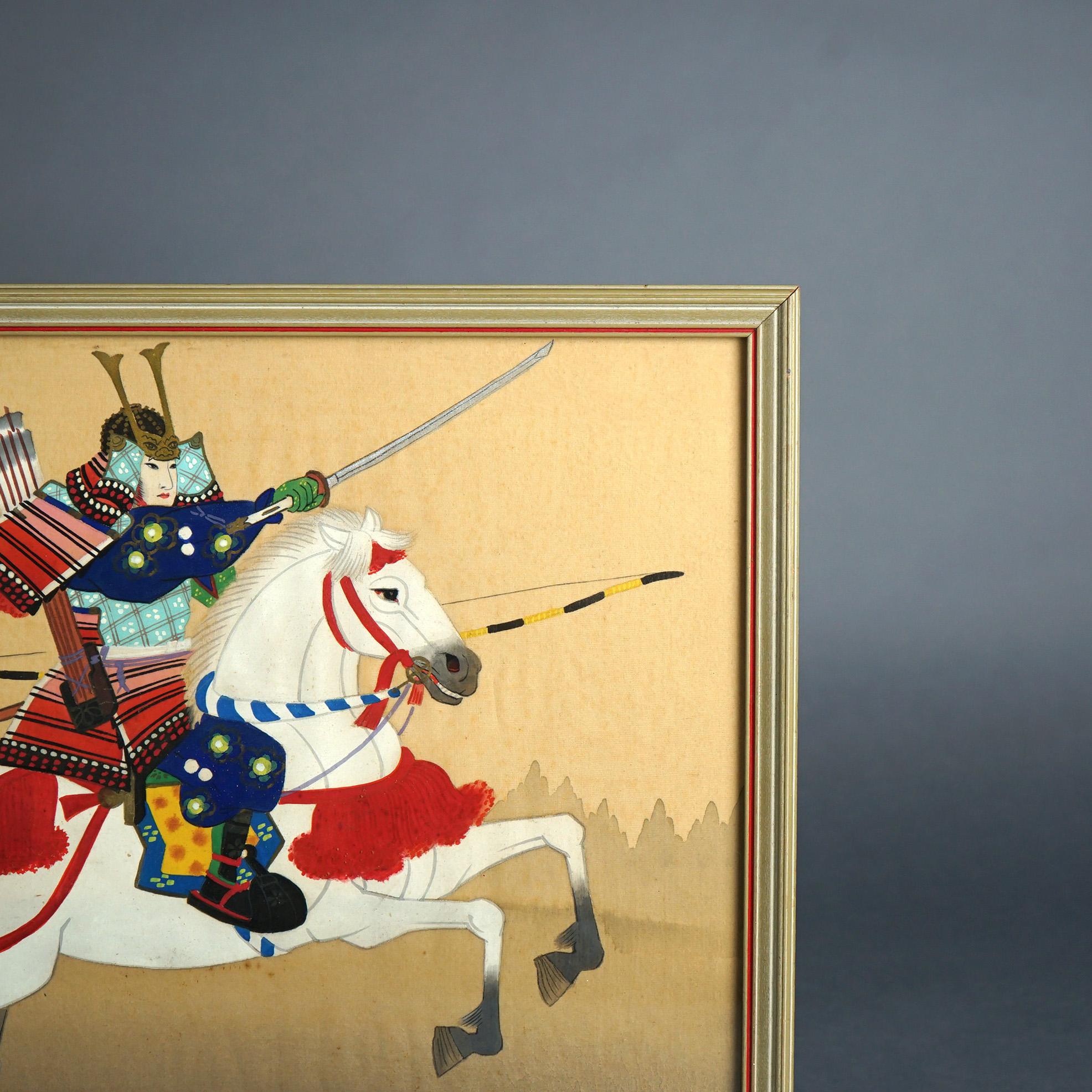 Hand-Painted Japanese Hand Painted Oil on Silk Portrait “Samurai On Horseback”, Framed, C1930 For Sale