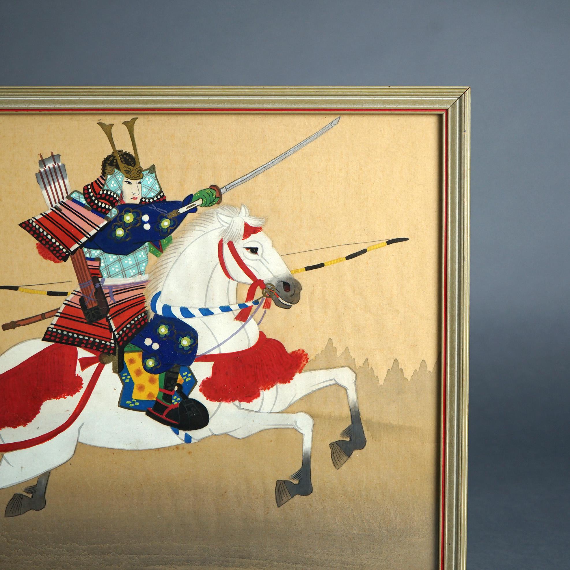 Japanese Hand Painted Oil on Silk Portrait “Samurai On Horseback”, Framed, C1930 In Good Condition For Sale In Big Flats, NY
