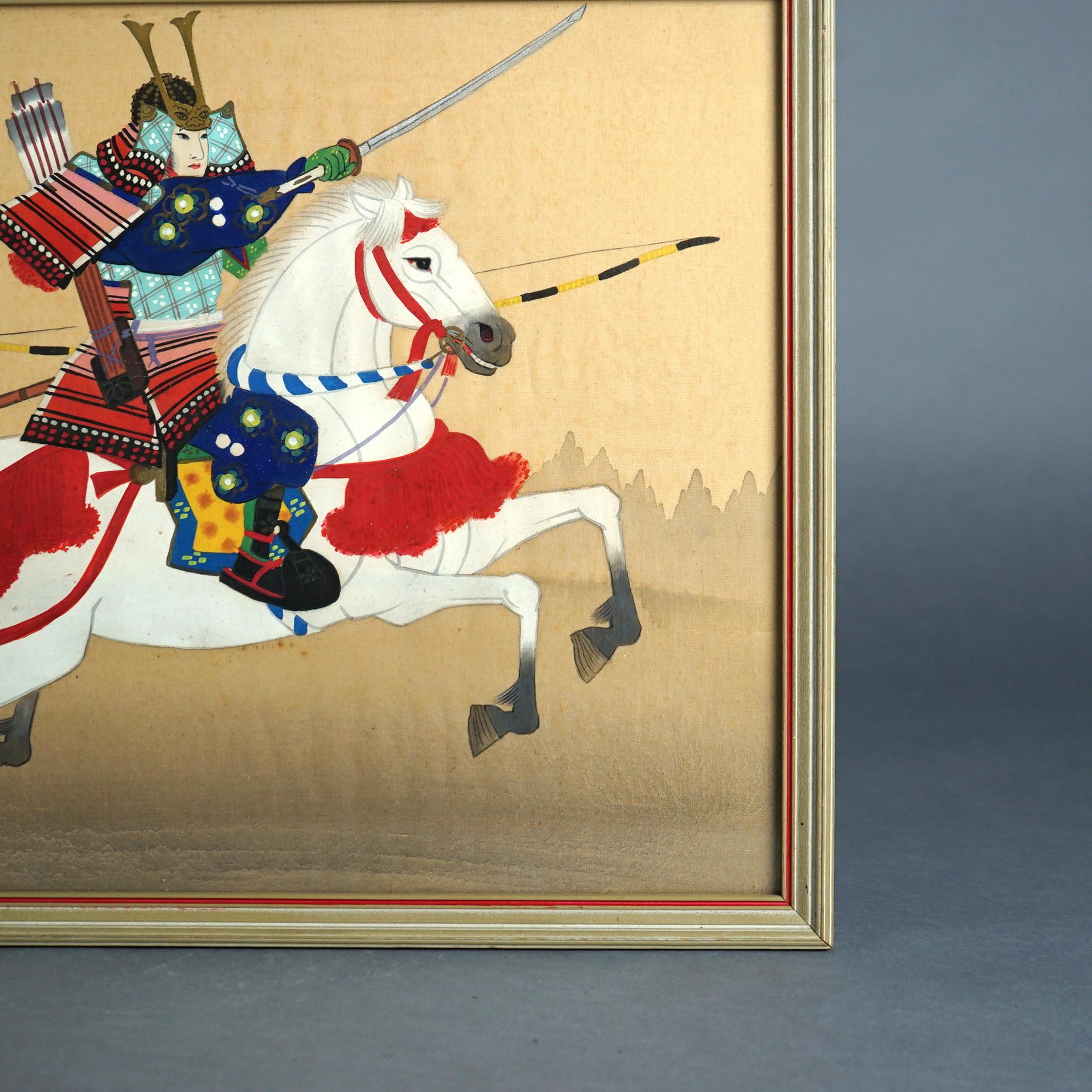 20th Century Japanese Hand Painted Oil on Silk Portrait “Samurai On Horseback”, Framed, C1930 For Sale