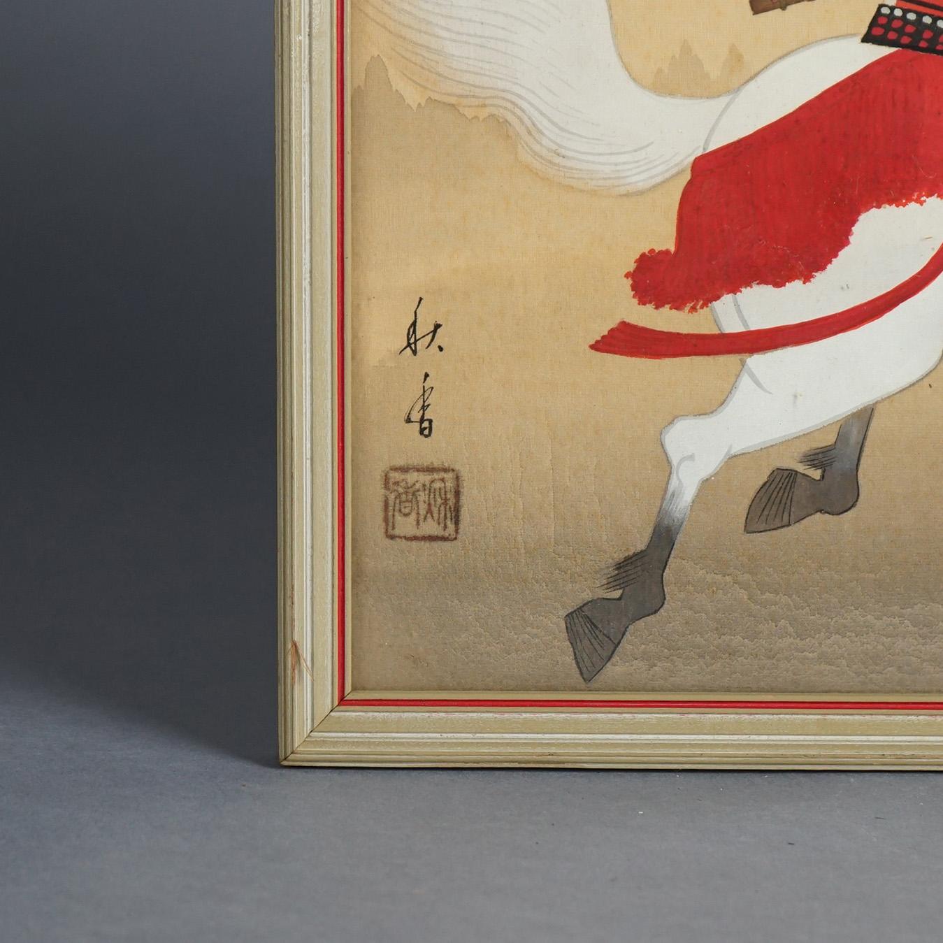 Japanese Hand Painted Oil on Silk Portrait “Samurai On Horseback”, Framed, C1930 For Sale 1