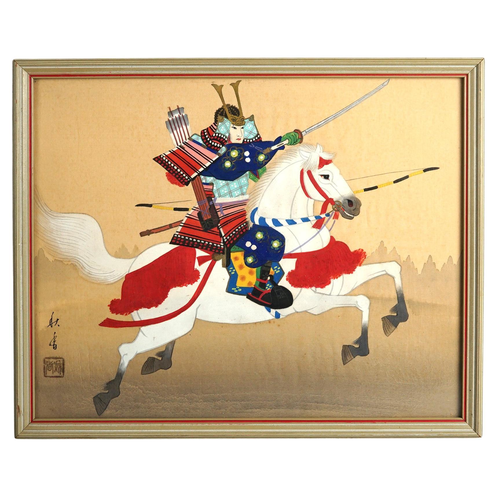 Japanese Hand Painted Oil on Silk Portrait “Samurai On Horseback”, Framed, C1930