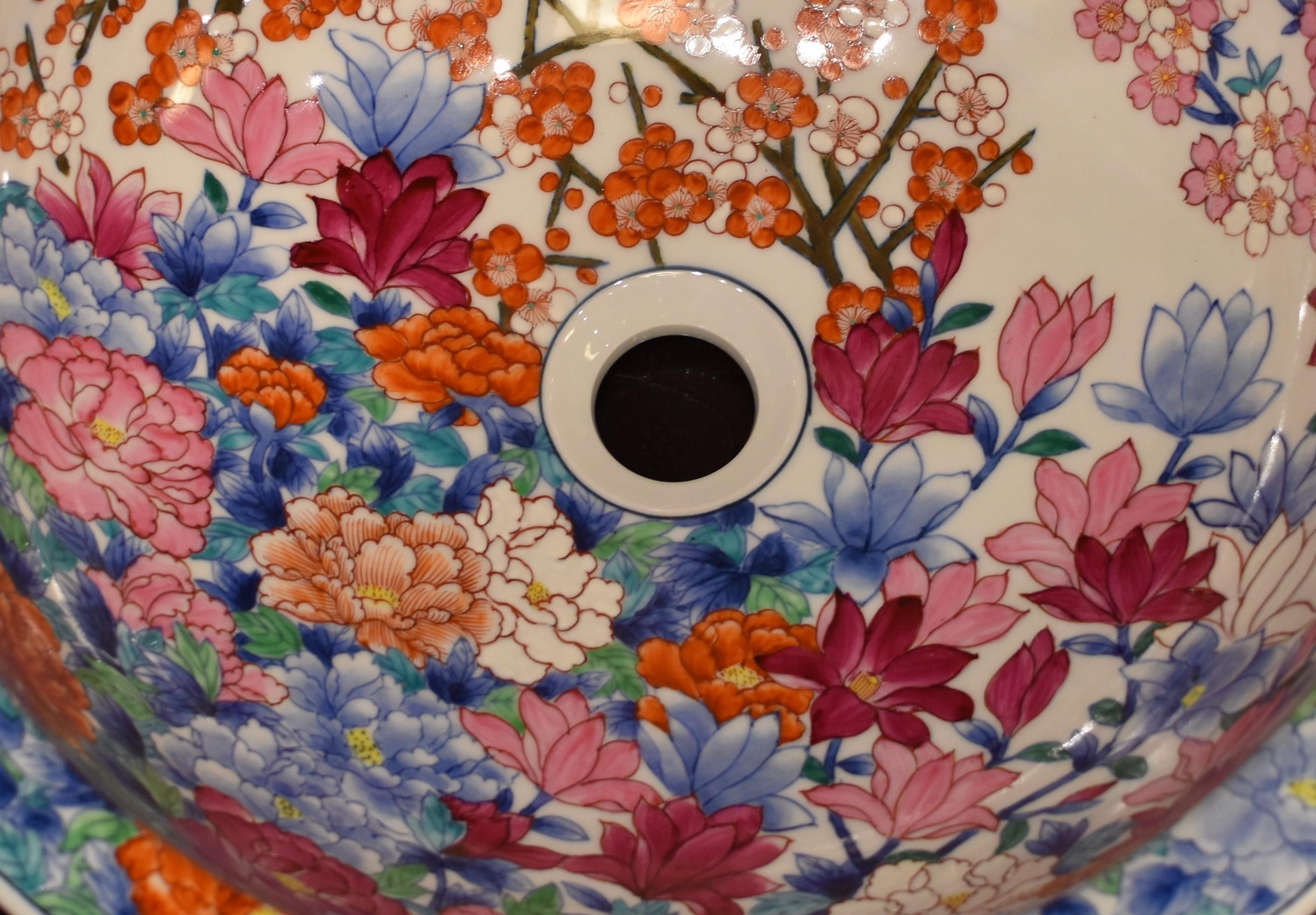 Japanese Hand-Painted Porcelain Washbasin by Contemporary Master Artist 1