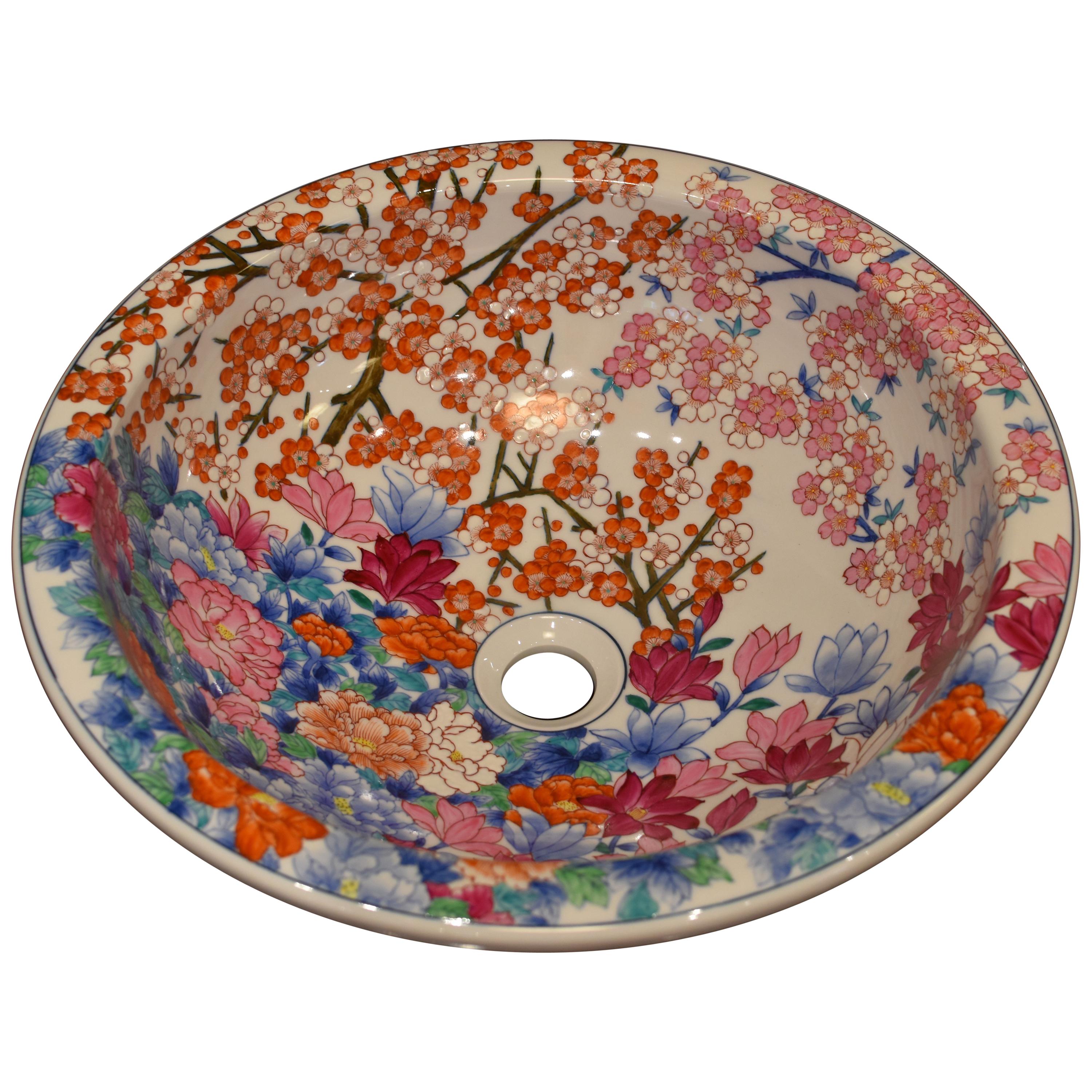 Japanese Hand-Painted Porcelain Washbasin by Contemporary Master Artist