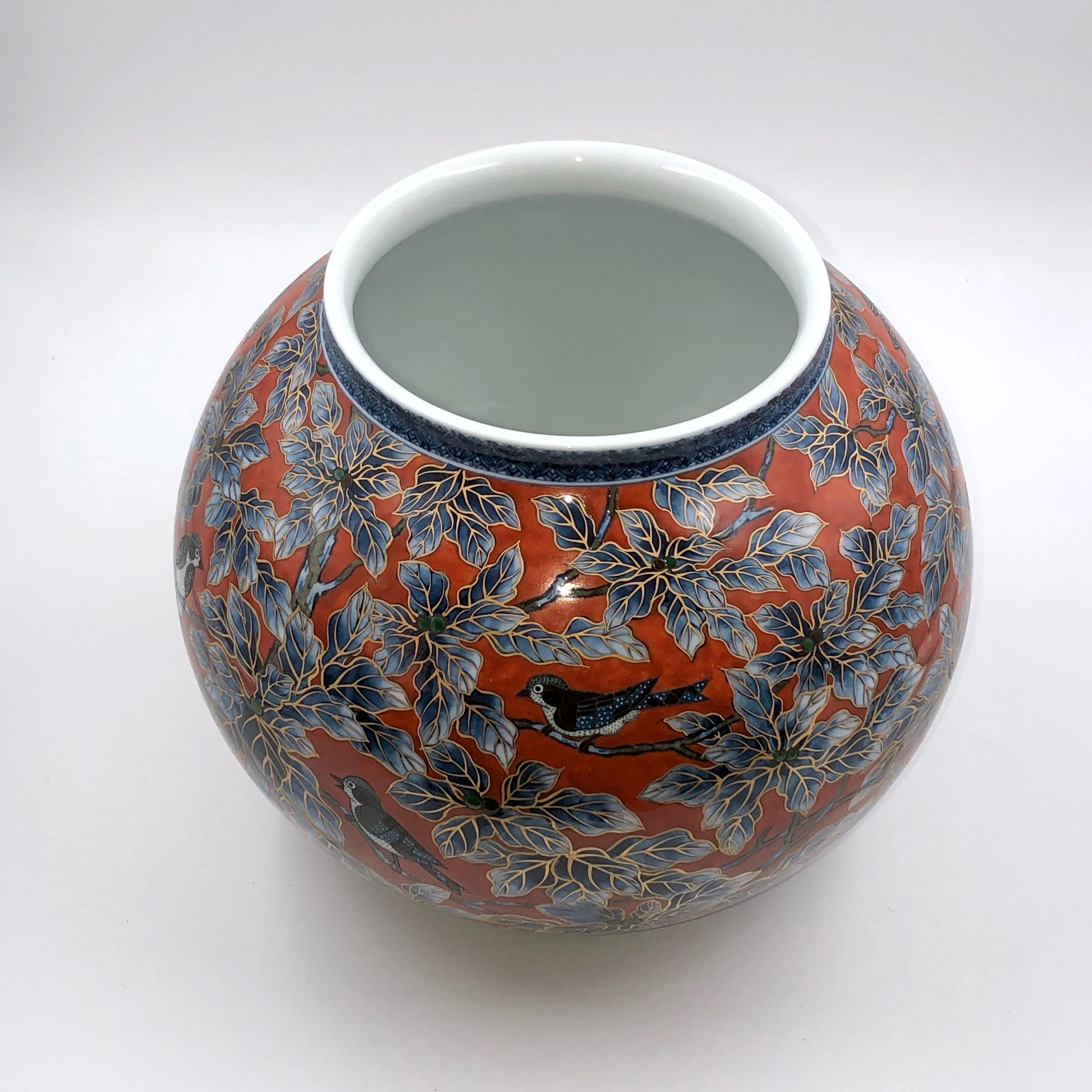 Meiji Japanese Contemporary Red Blue Gilded Porcelain Vase Master Artist, 2 For Sale