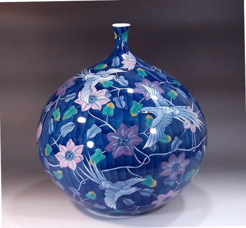 Hand-Painted Japanese Hand Painted Blue Porcelain Vase by Contemporary Master Artist For Sale