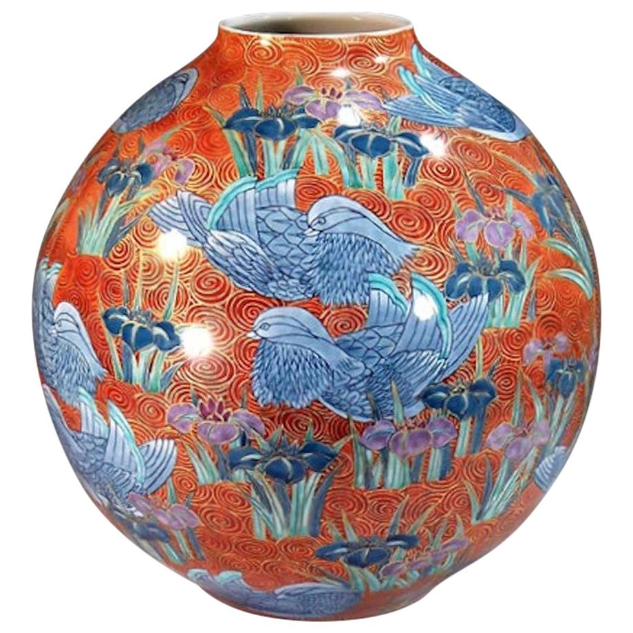 Japanese Hand Painted Red Porcelain Vase by Master Artist For Sale