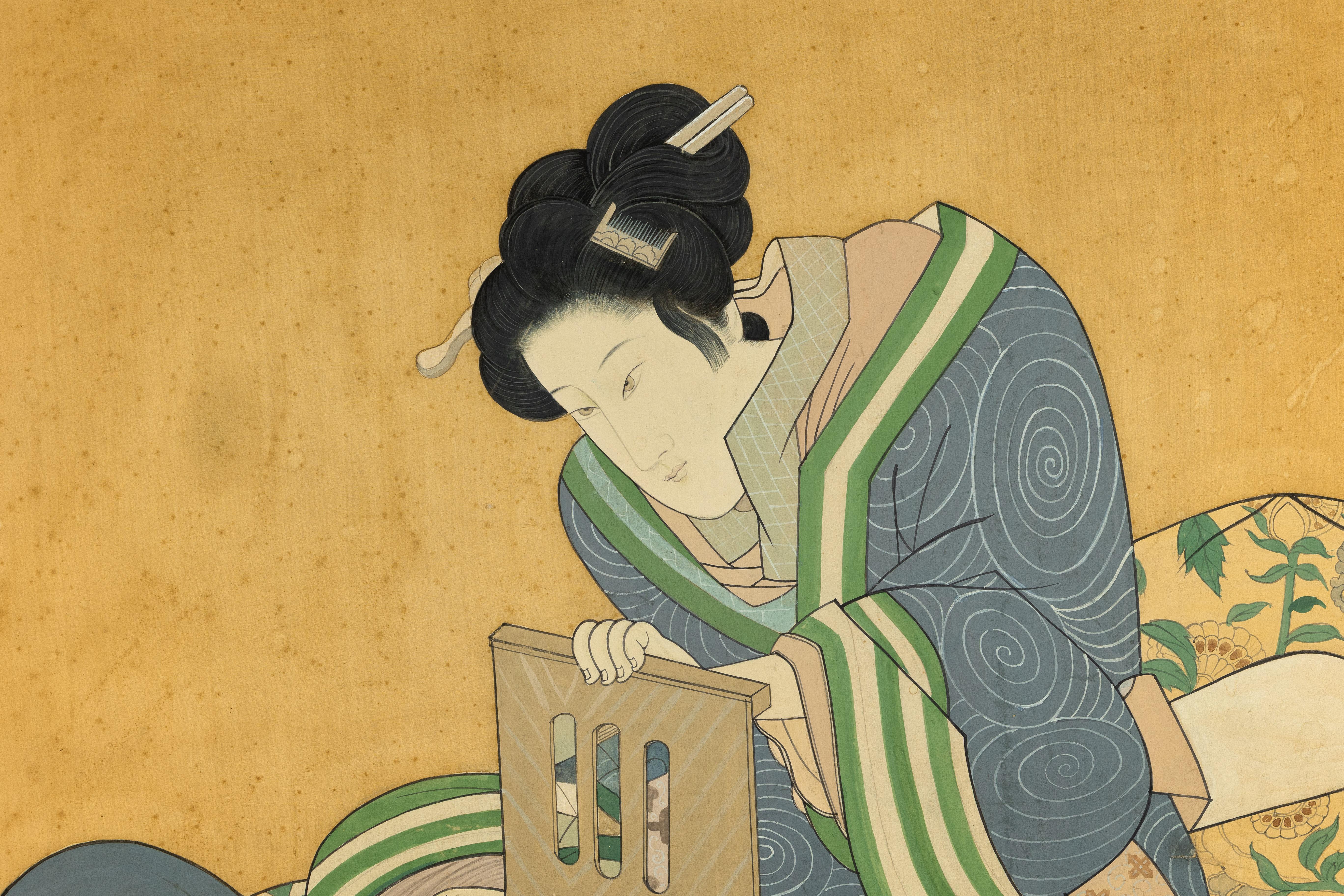 Japanese Hand-Painted Silk Artwork of a Seated Concubine in Giltwood Frame For Sale 5