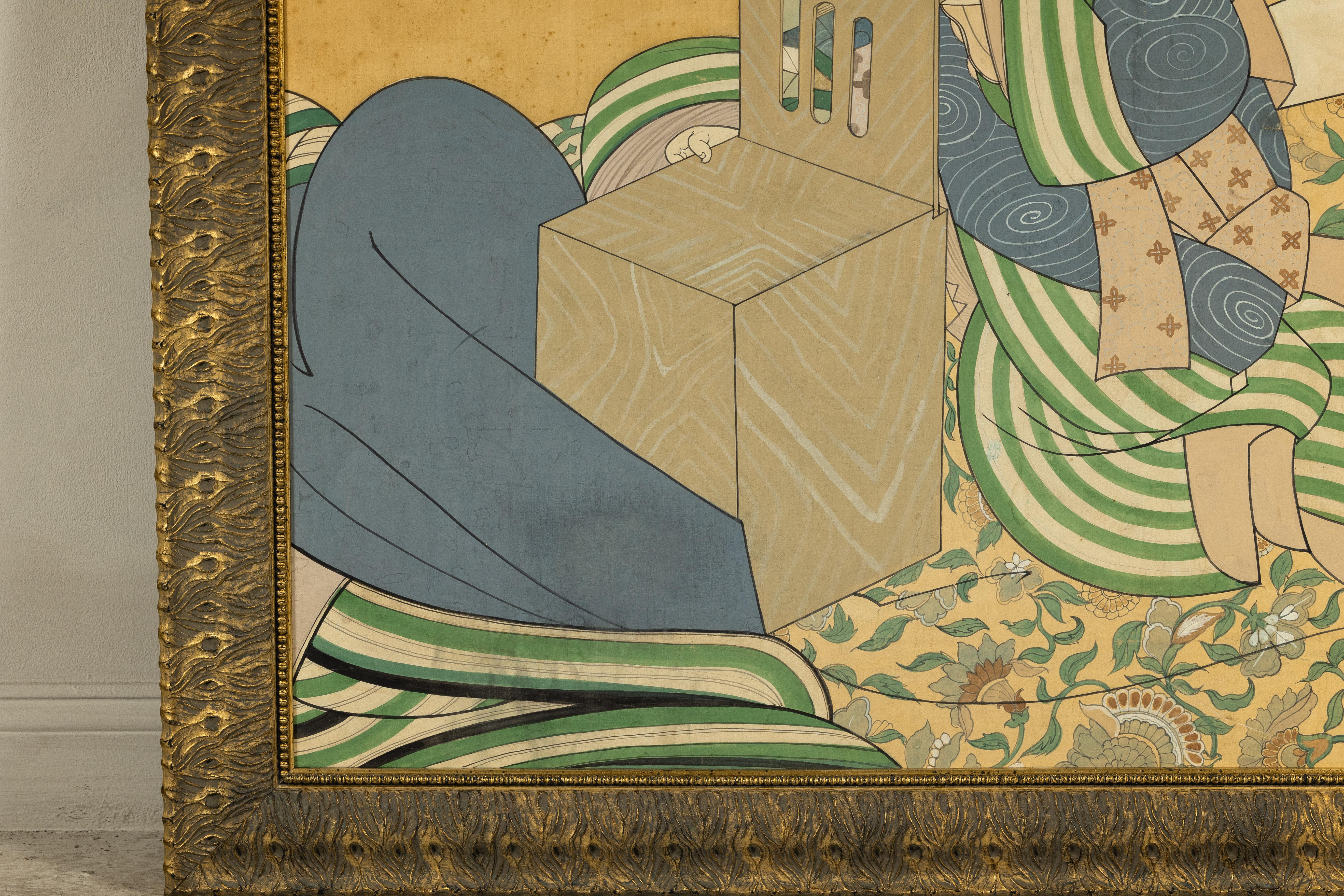 Japanese Hand-Painted Silk Artwork of a Seated Concubine in Giltwood Frame For Sale 6