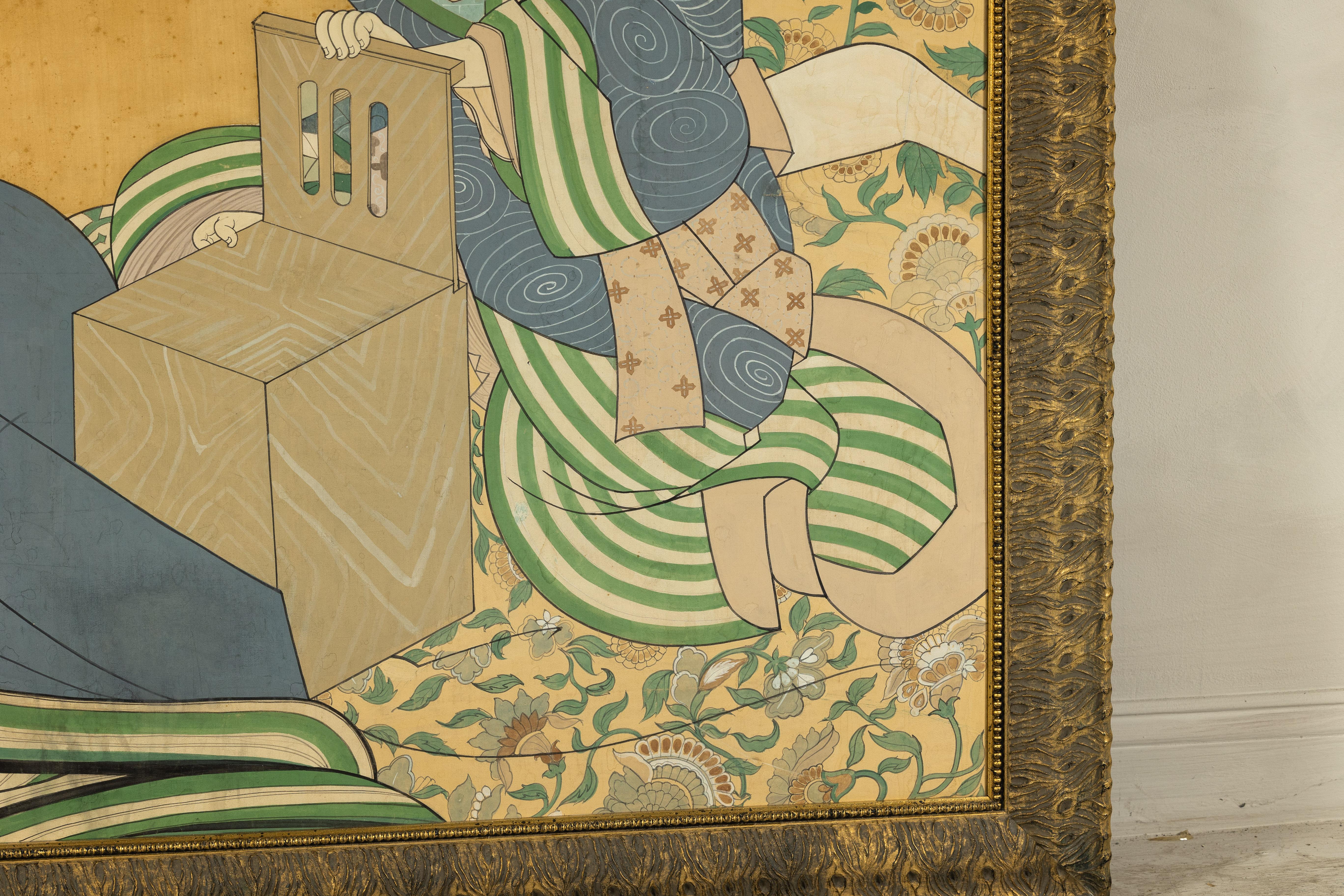 Japanese Hand-Painted Silk Artwork of a Seated Concubine in Giltwood Frame For Sale 7
