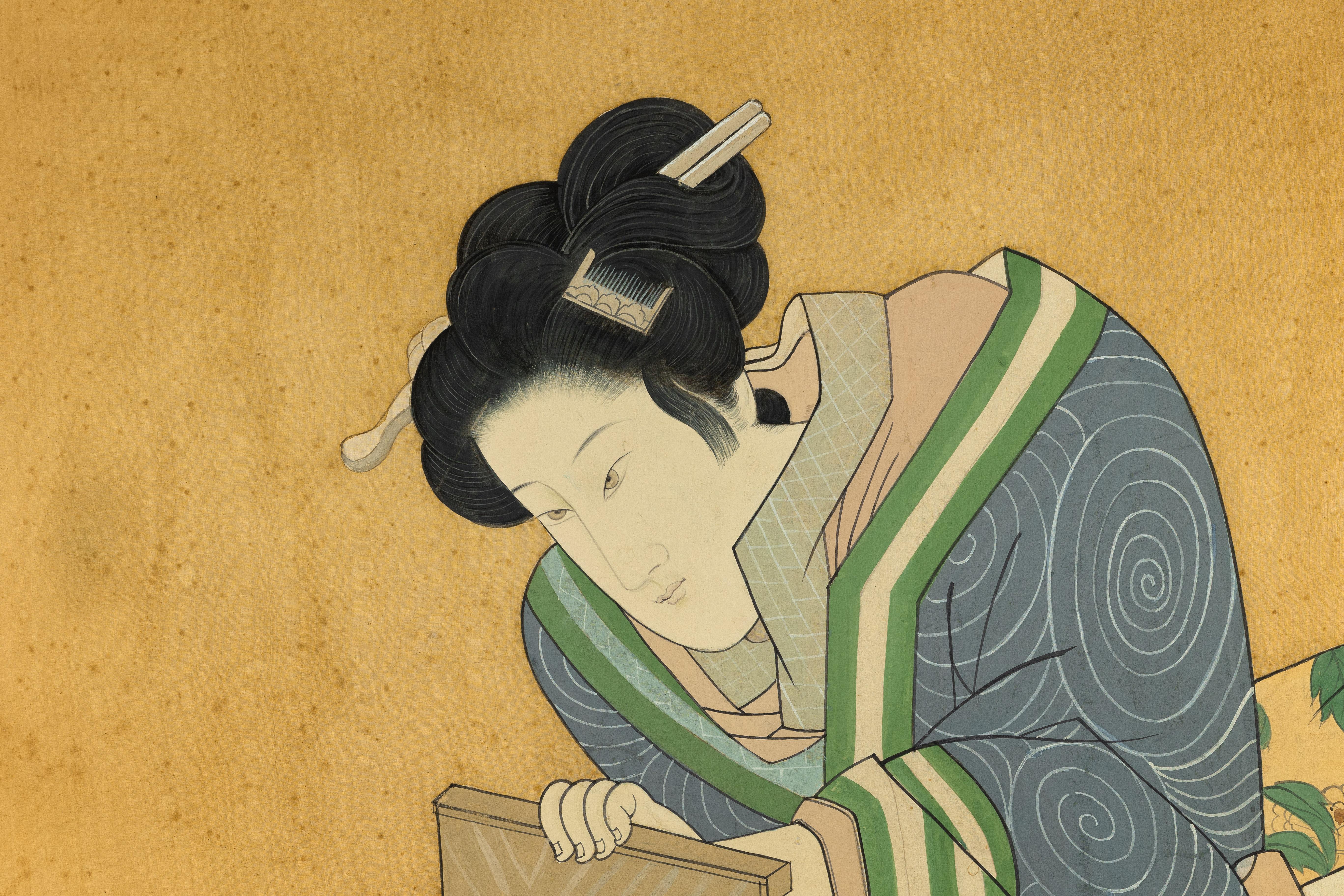 Japanese Hand-Painted Silk Artwork of a Seated Concubine in Giltwood Frame For Sale 8