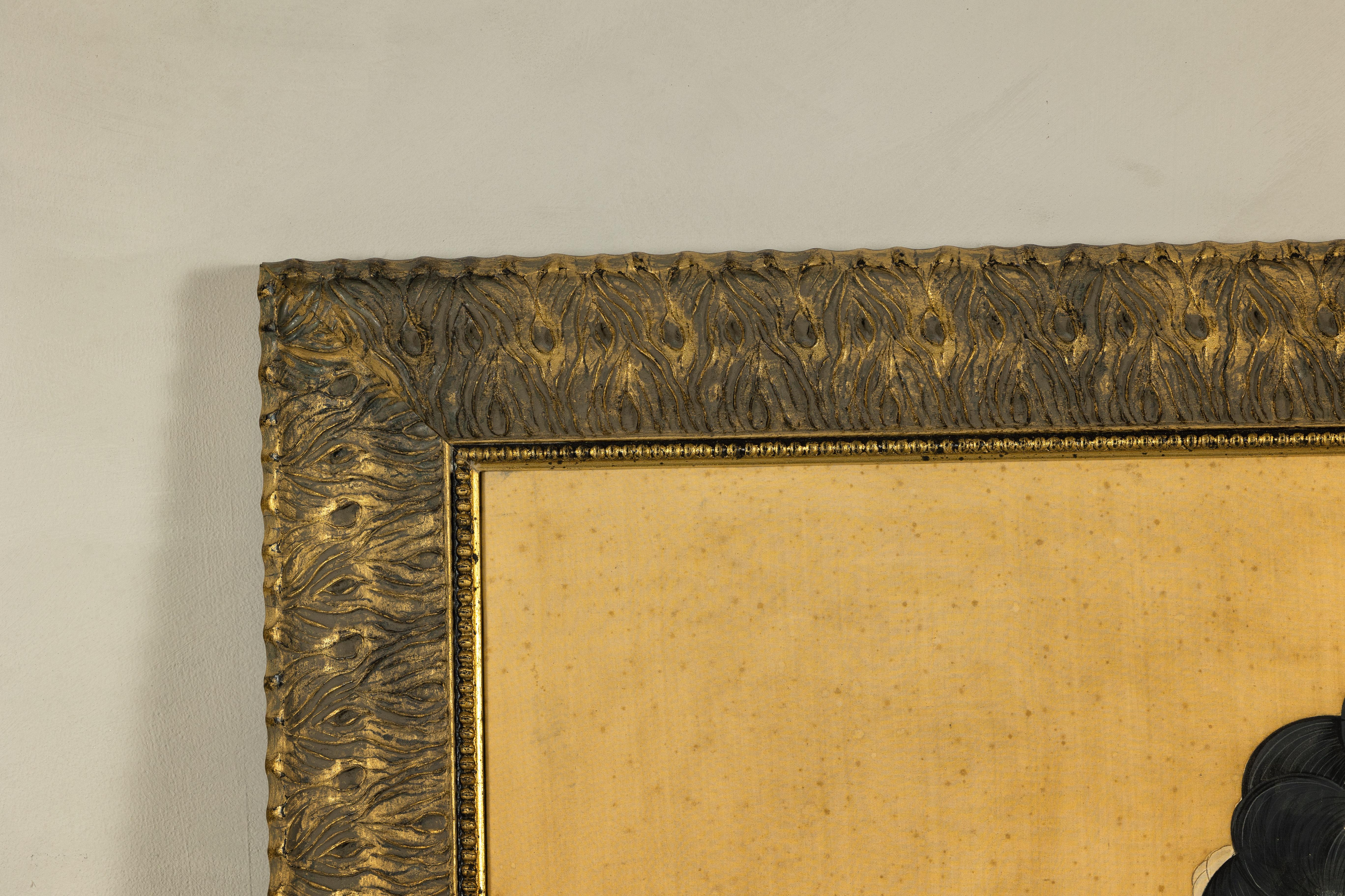 Japanese Hand-Painted Silk Artwork of a Seated Concubine in Giltwood Frame For Sale 9