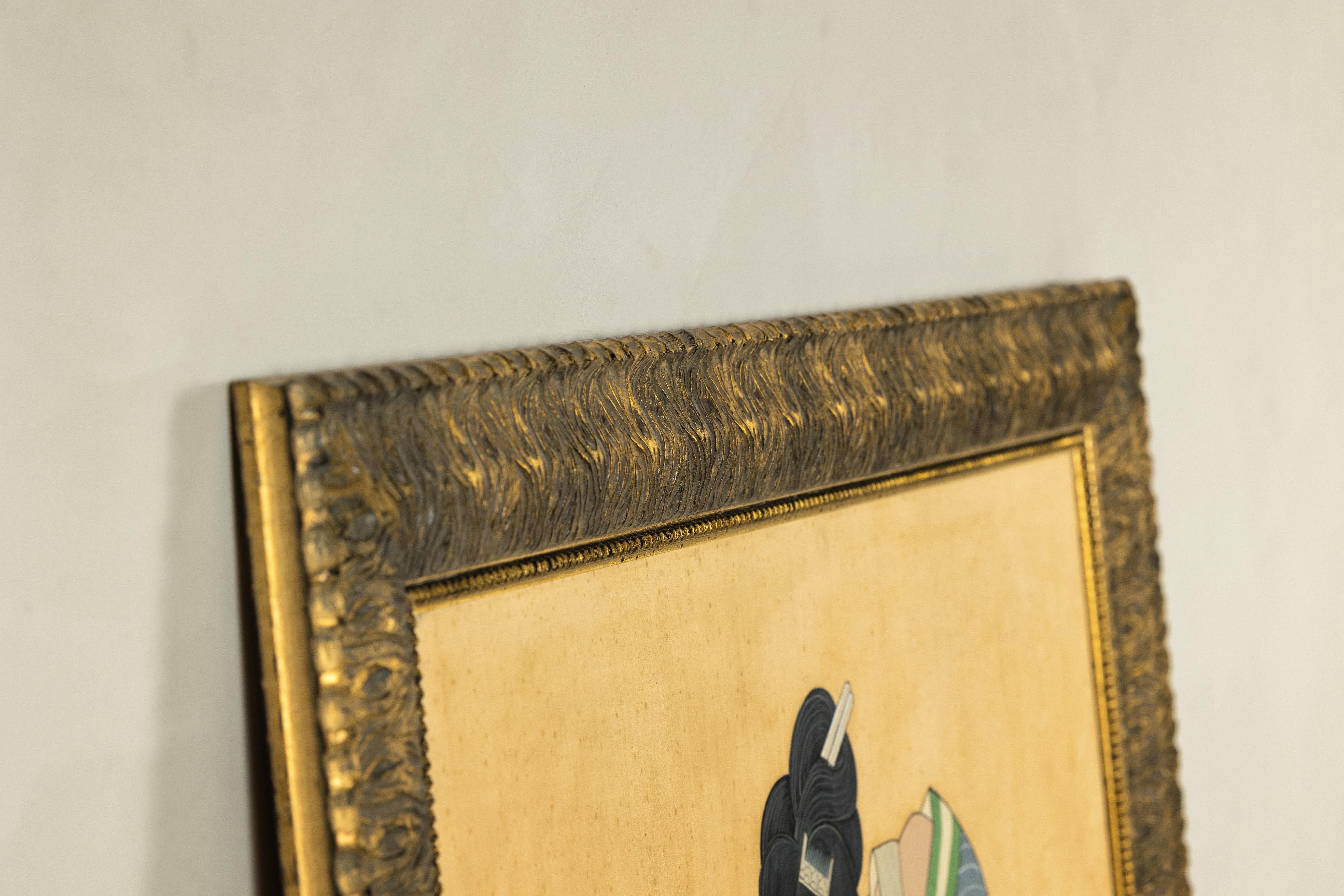 Japanese Hand-Painted Silk Artwork of a Seated Concubine in Giltwood Frame For Sale 10