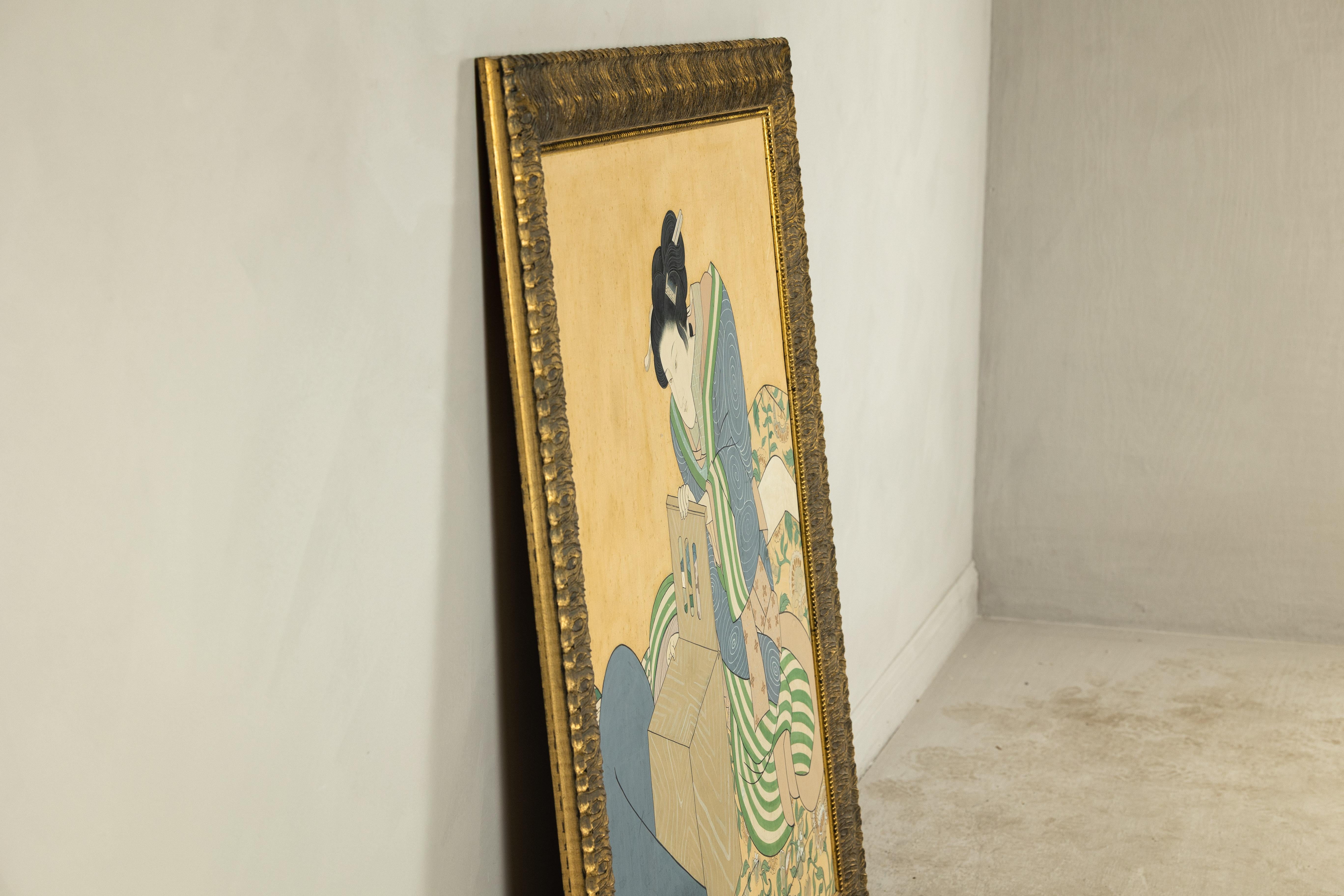 Japanese Hand-Painted Silk Artwork of a Seated Concubine in Giltwood Frame For Sale 11