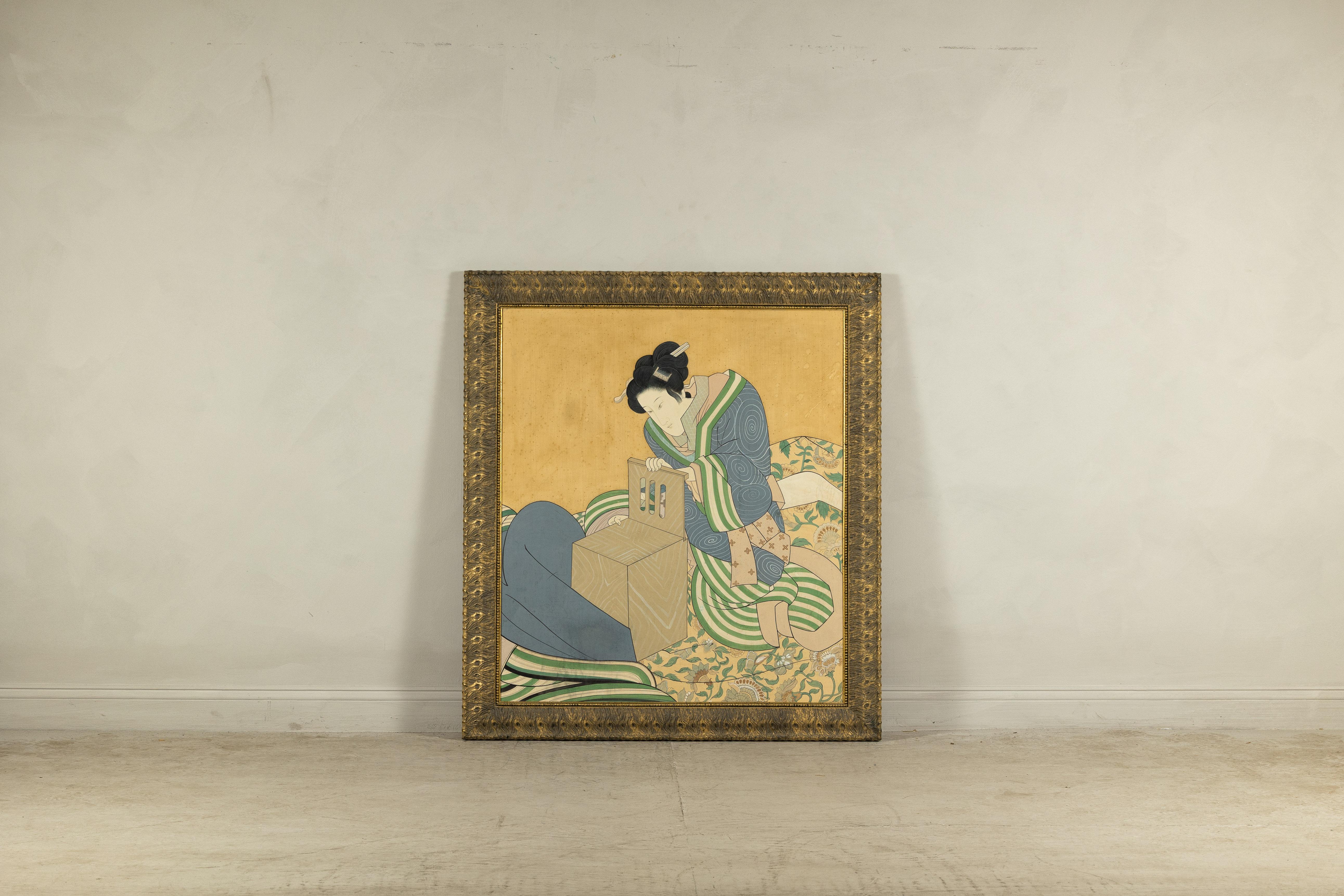 Japanese Hand-Painted Silk Artwork of a Seated Concubine in Giltwood Frame For Sale 13