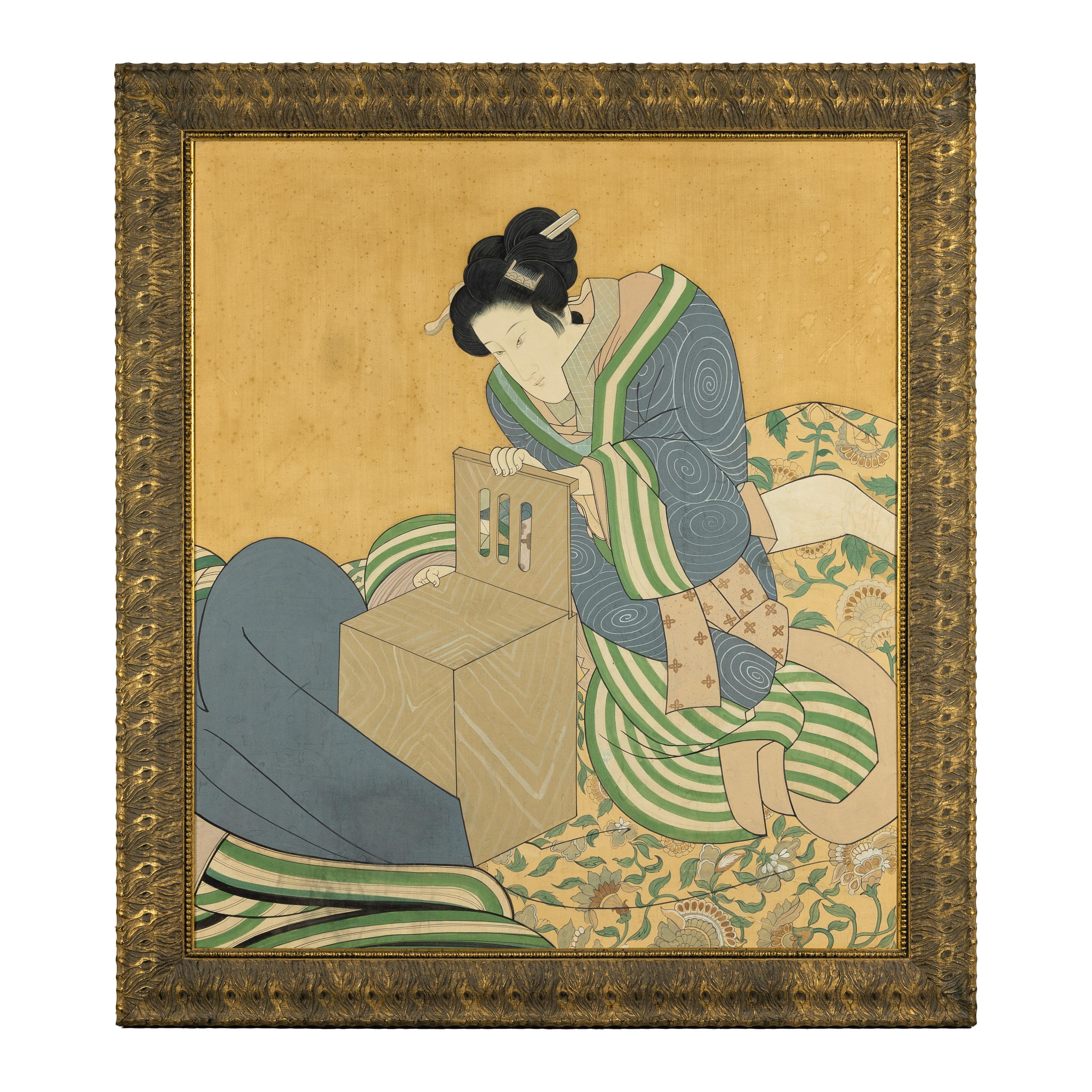 Japanese Hand-Painted Silk Artwork of a Seated Concubine in Giltwood Frame For Sale 14