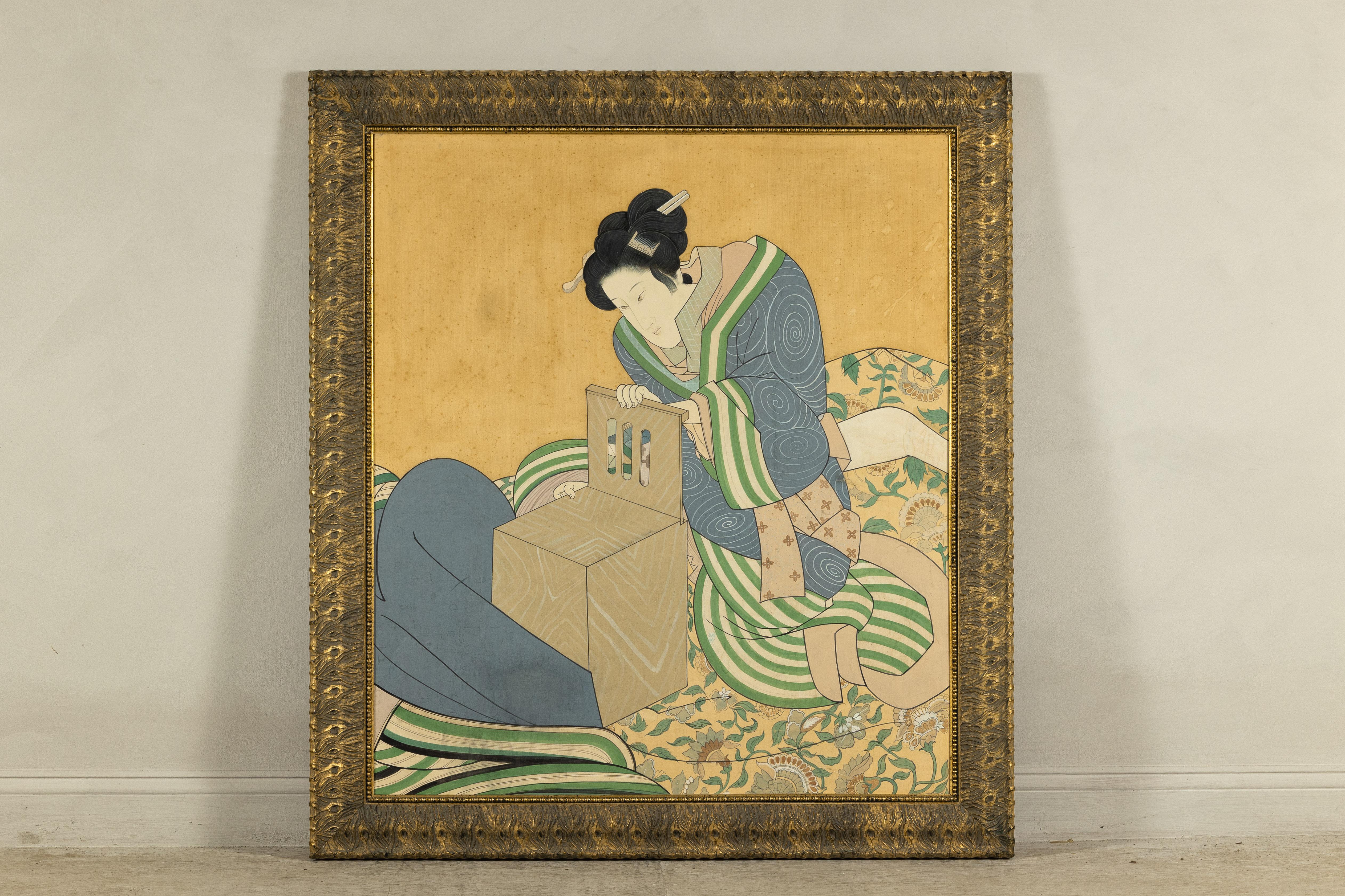 Carved Japanese Hand-Painted Silk Artwork of a Seated Concubine in Giltwood Frame For Sale