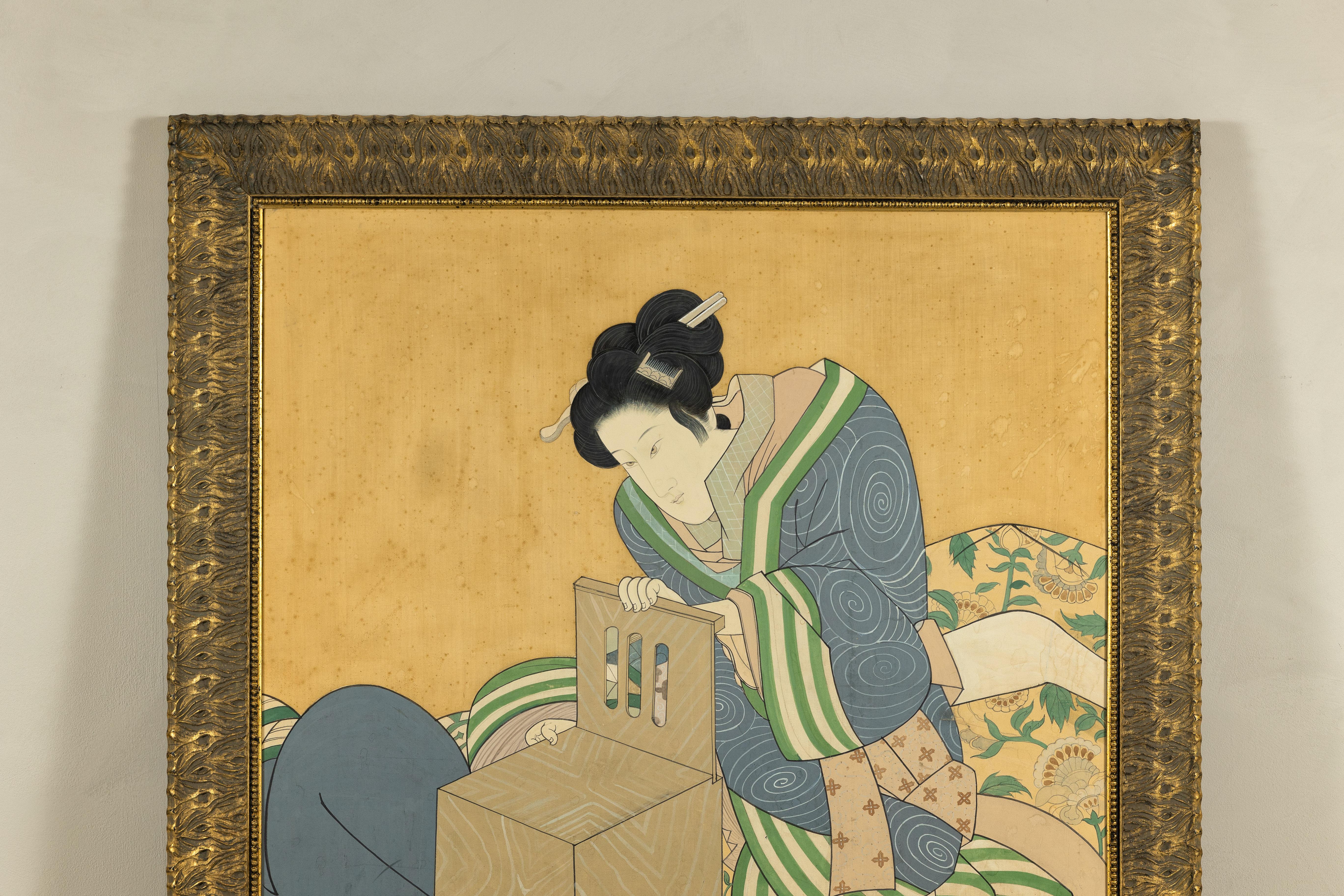 Japanese Hand-Painted Silk Artwork of a Seated Concubine in Giltwood Frame In Good Condition For Sale In Yonkers, NY