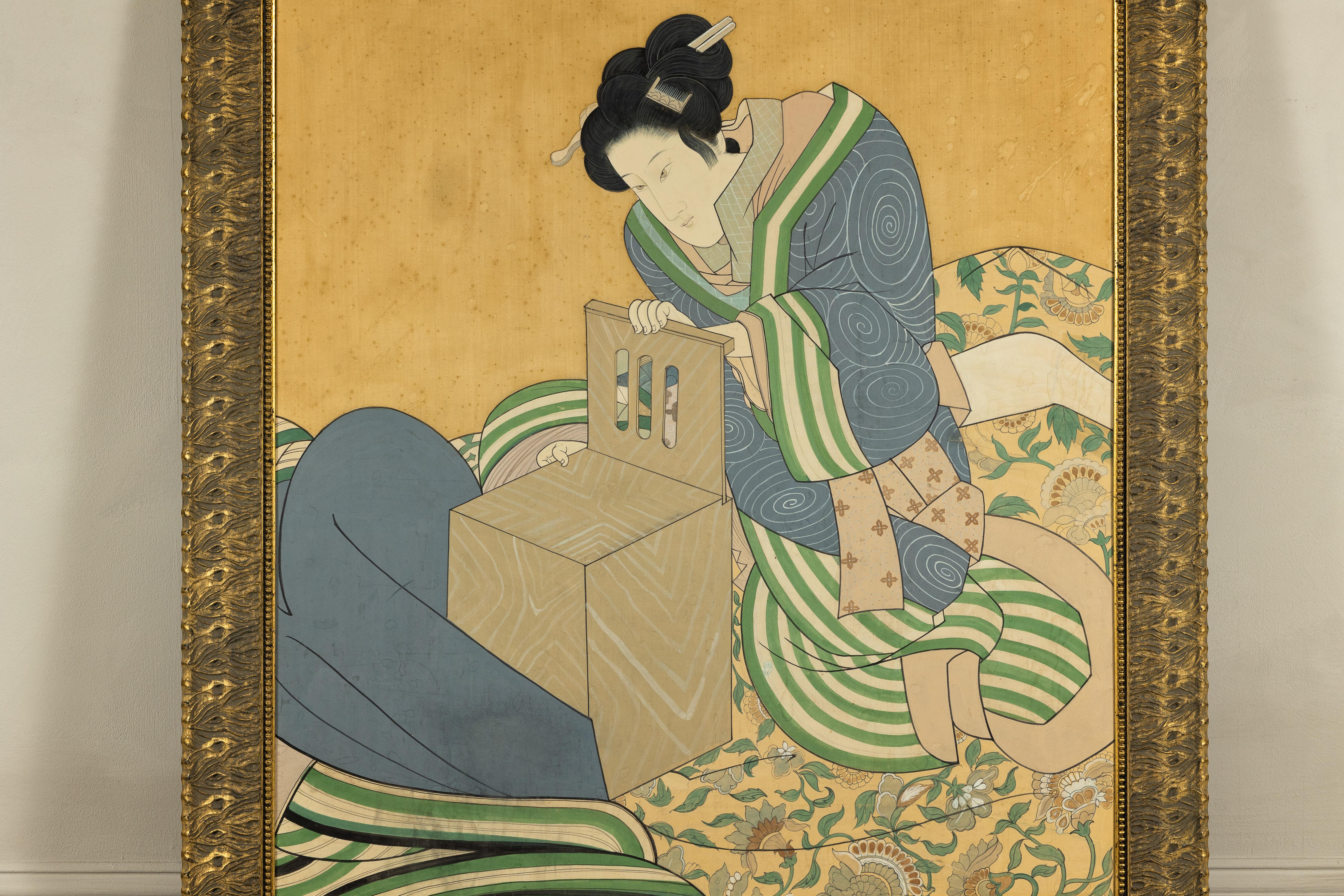 20th Century Japanese Hand-Painted Silk Artwork of a Seated Concubine in Giltwood Frame For Sale