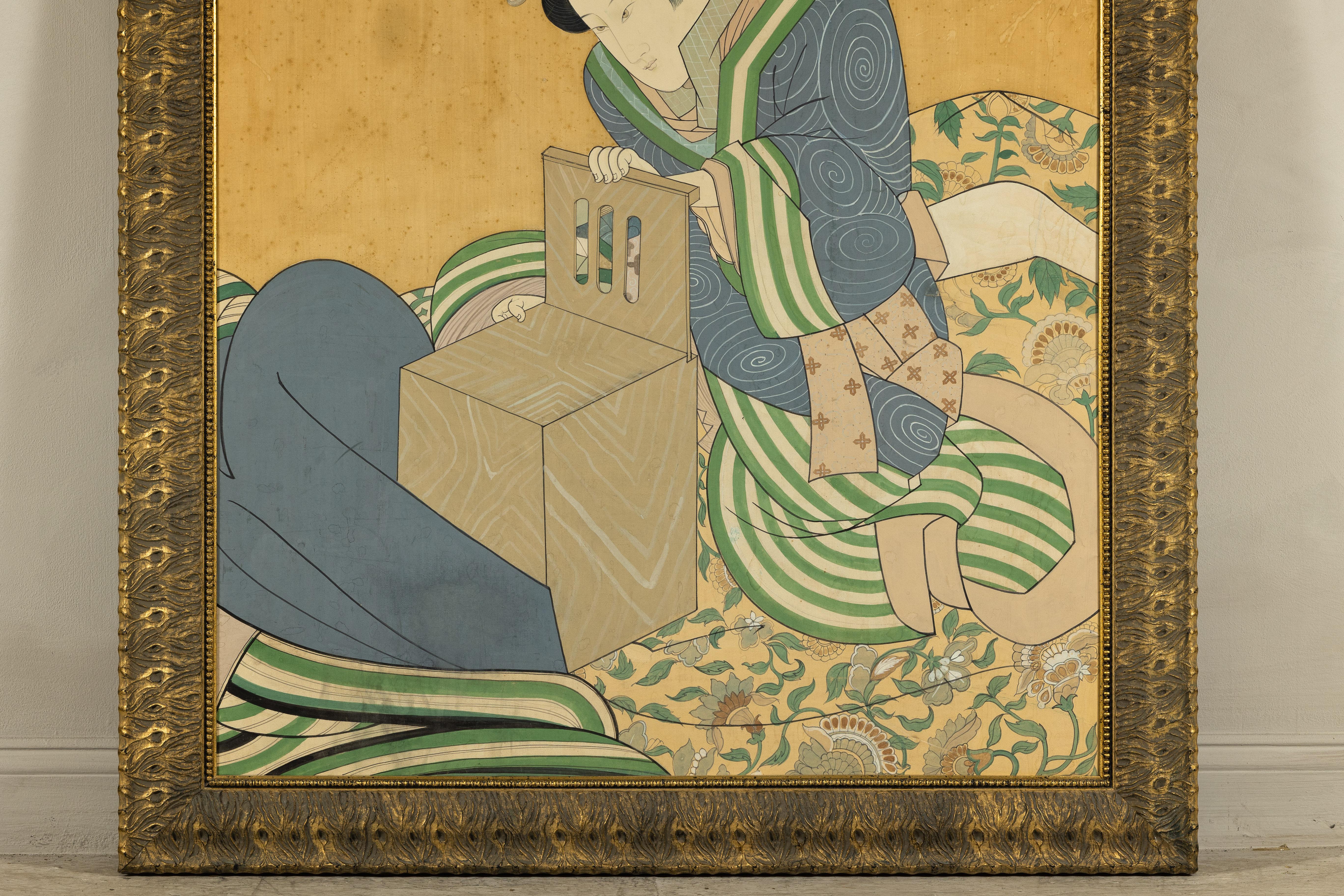 Japanese Hand-Painted Silk Artwork of a Seated Concubine in Giltwood Frame For Sale 1
