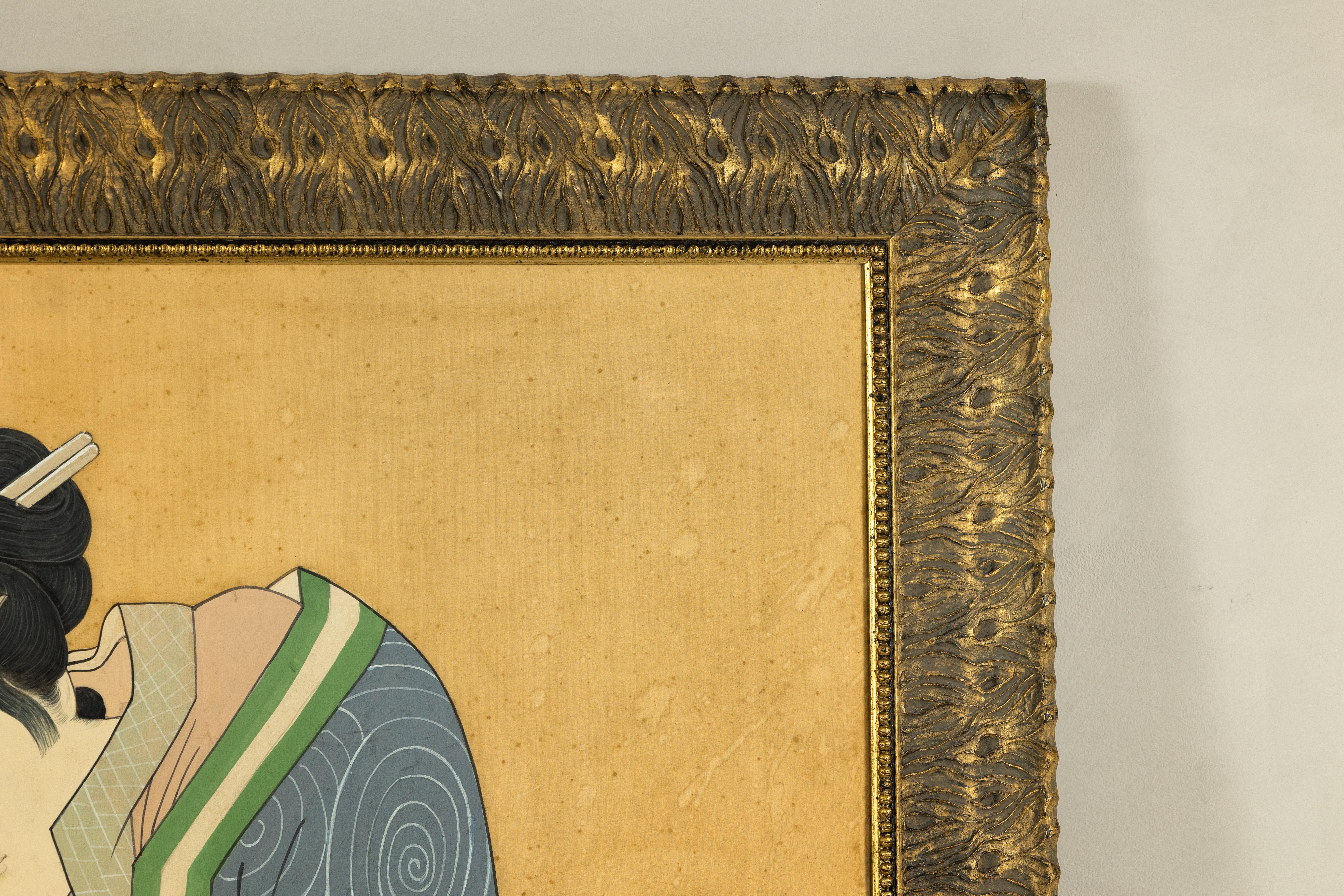 Japanese Hand-Painted Silk Artwork of a Seated Concubine in Giltwood Frame For Sale 4