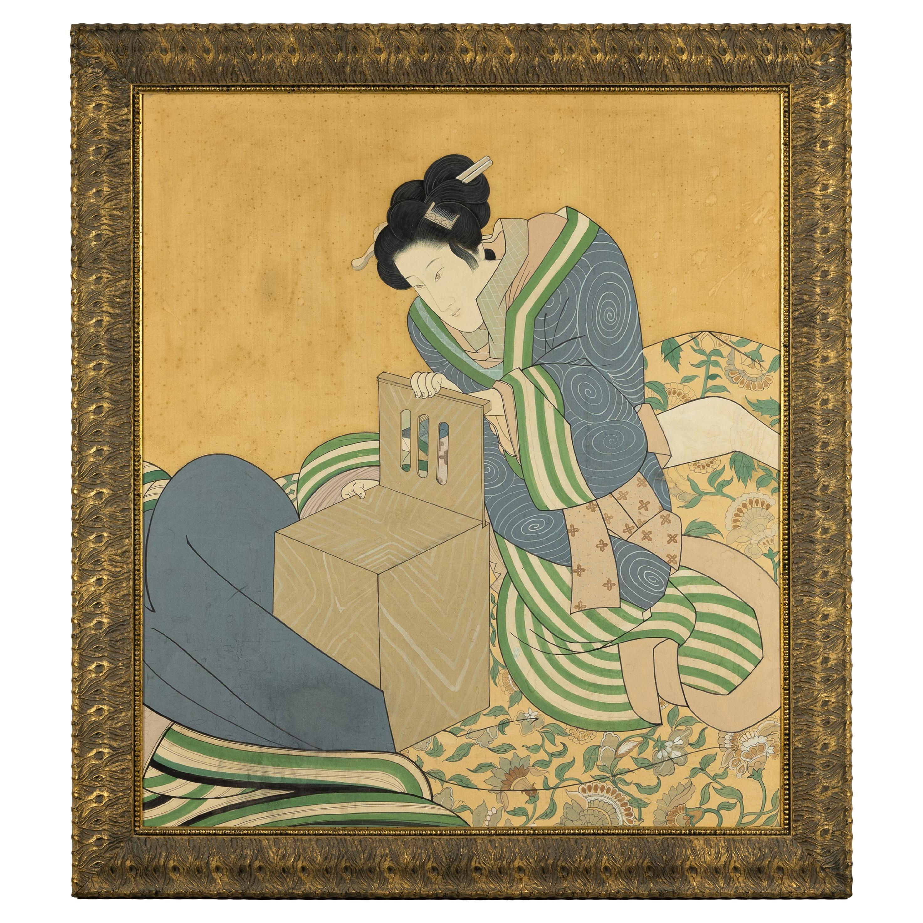 Japanese Hand-Painted Silk Artwork of a Seated Concubine in Giltwood Frame For Sale
