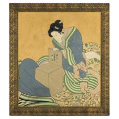 Japanese Hand-Painted Silk Artwork of a Seated Concubine in Giltwood Frame