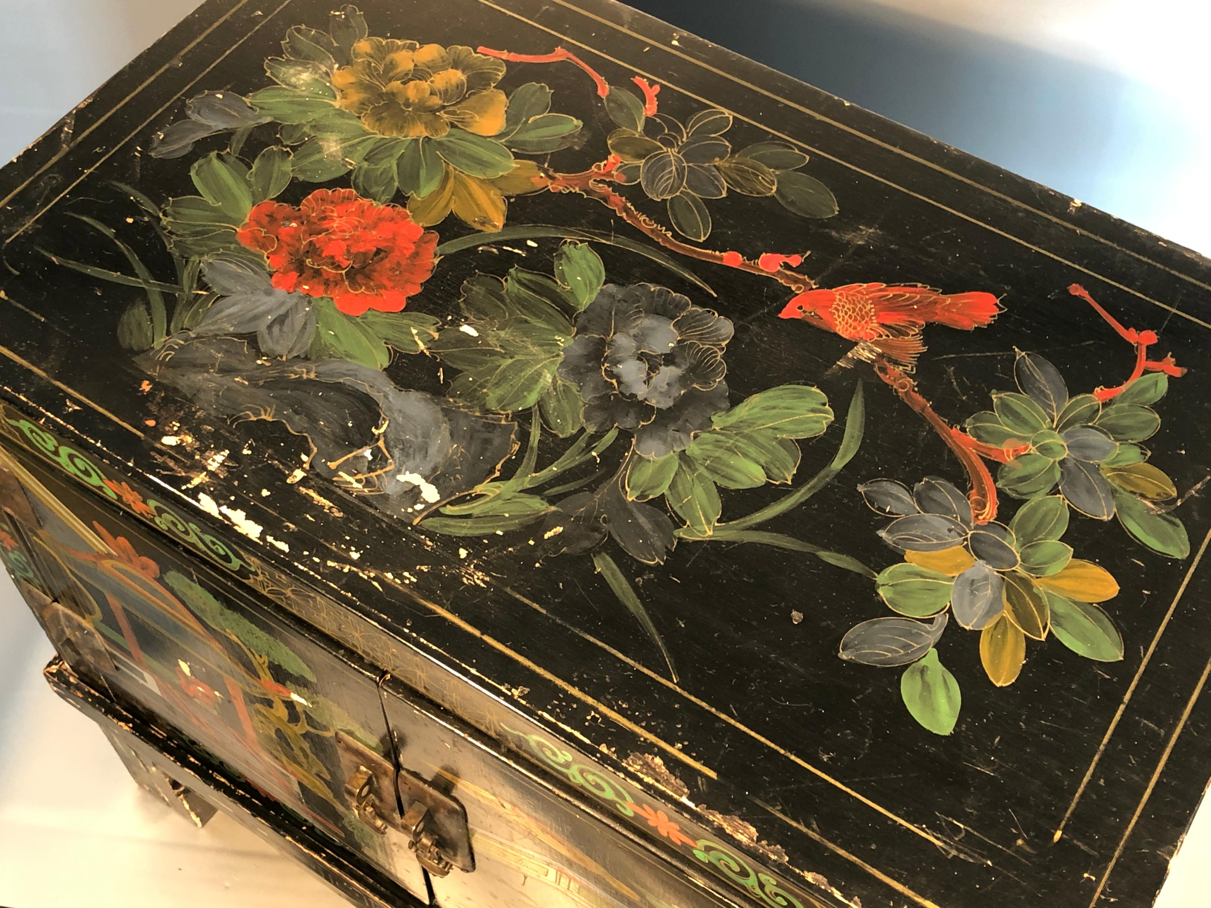 Hand-Painted Chinese Hand Painted Small Cabinet, Chest on Stand, 20th Century ON SALE 