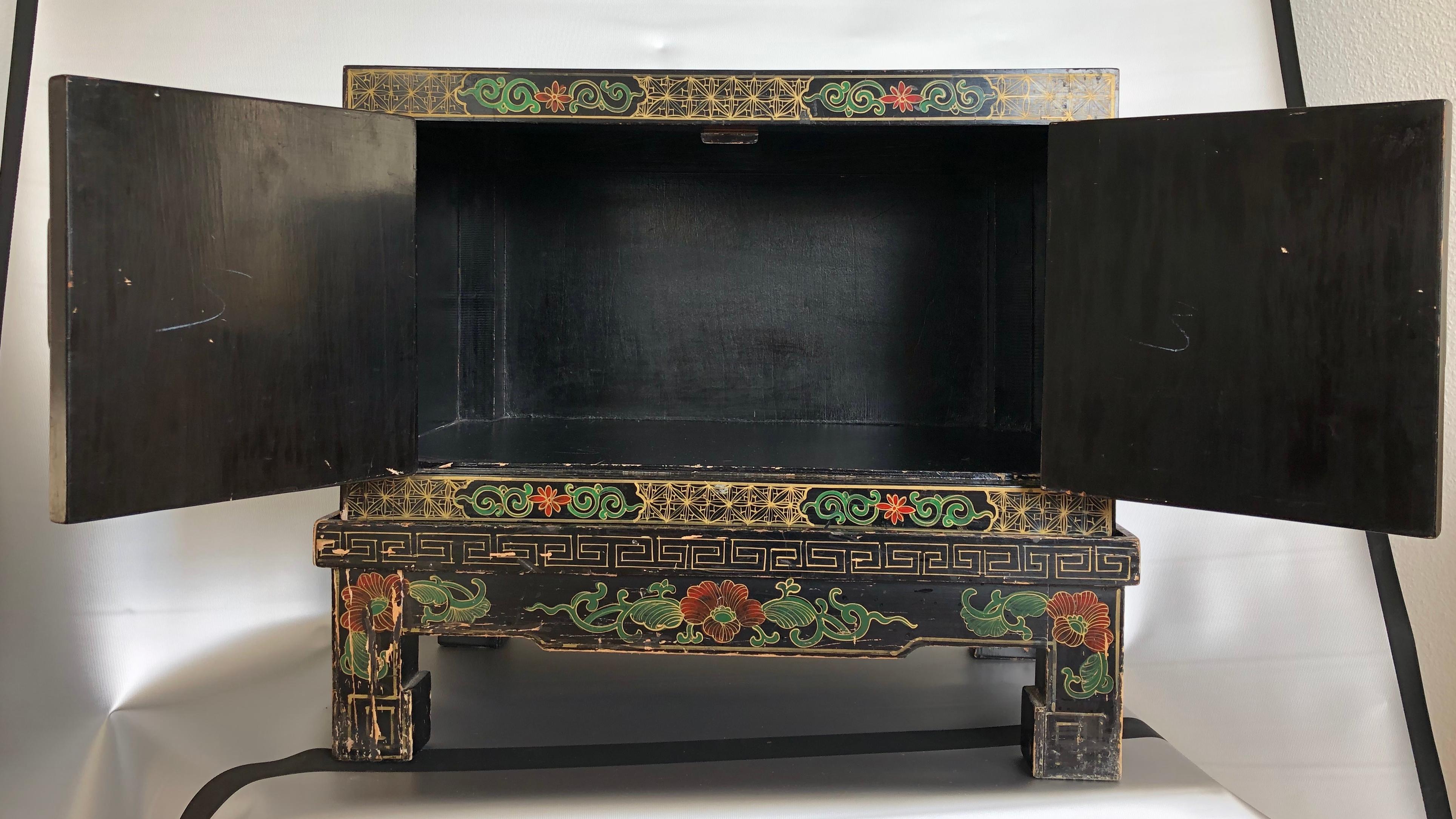 Wood Chinese Hand Painted Small Cabinet, Chest on Stand, 20th Century ON SALE 