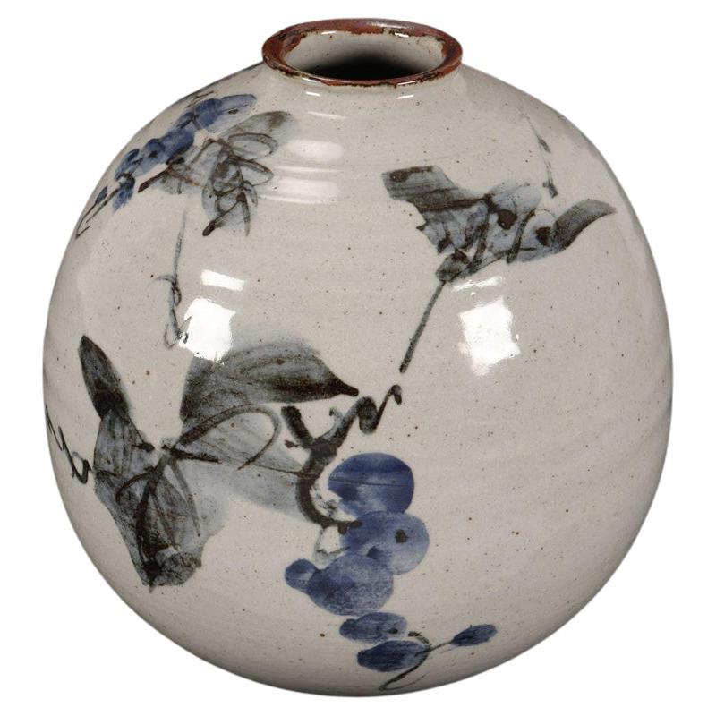 Japanese Hand Thrown Leaf and Berry Pottery Vase, Early 20th Century