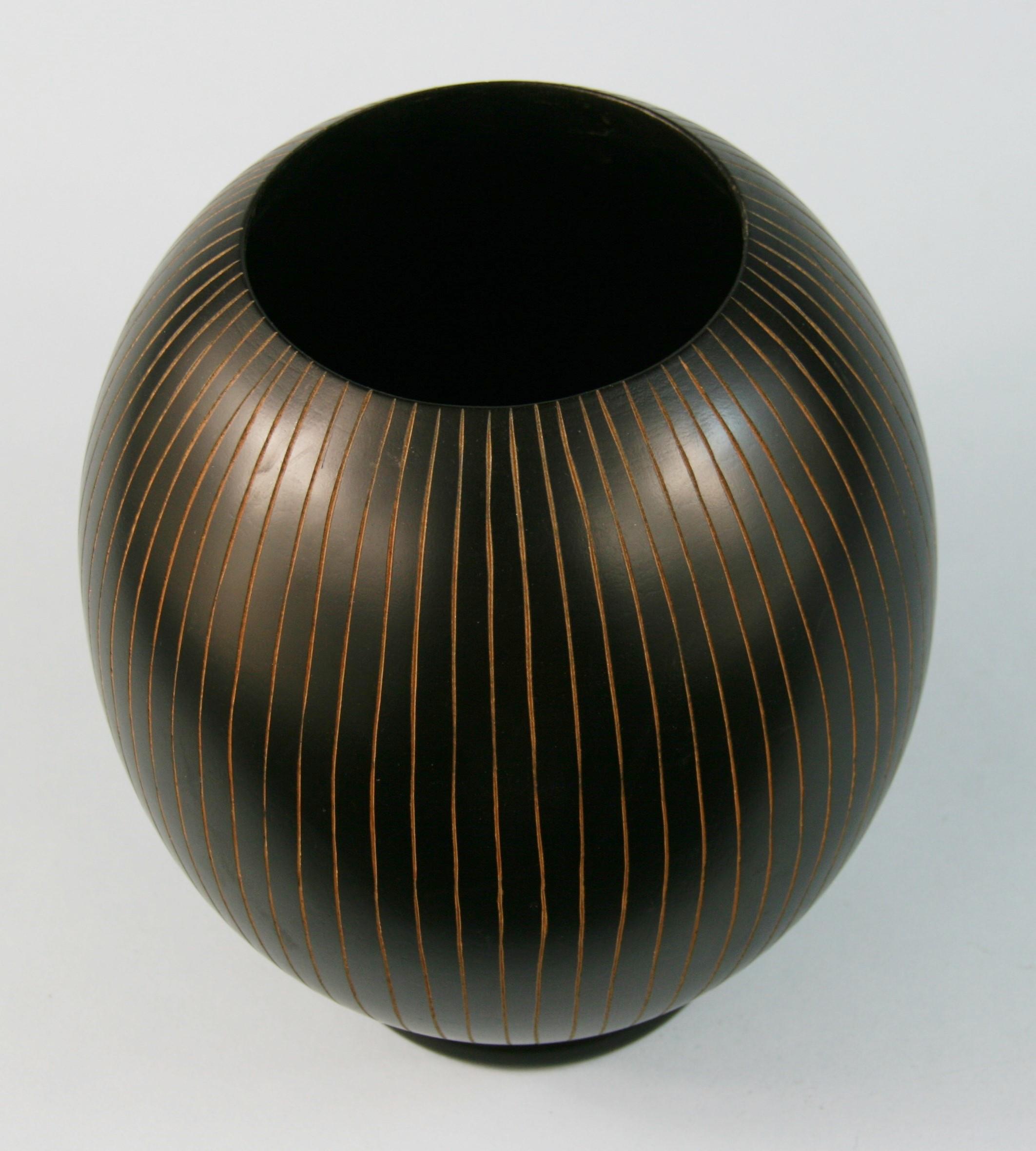 Japanese Hand Turned Wood Vase with Concentric Groves 1