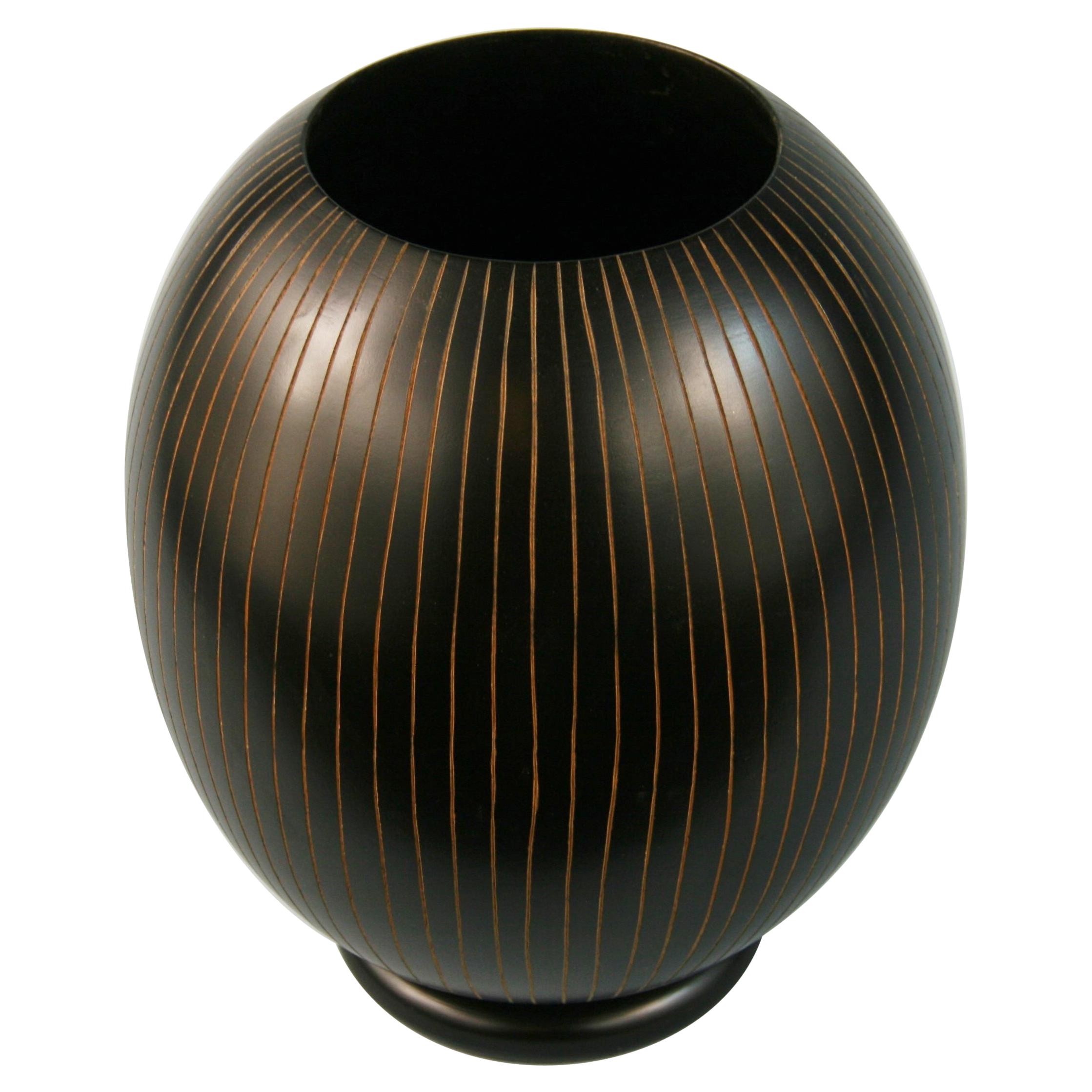 Japanese Hand Turned Wood Vase with Concentric Groves