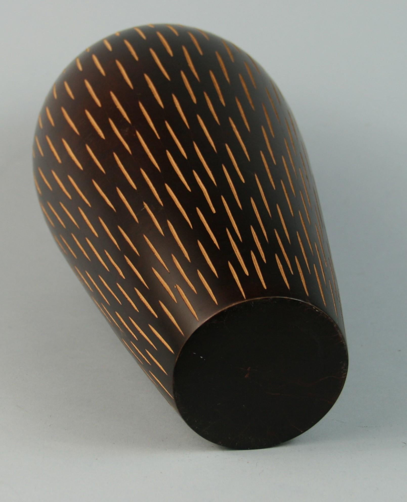 Mid-20th Century Japanese Hand Turned Wood Vase with Incised Vertical Slits For Sale