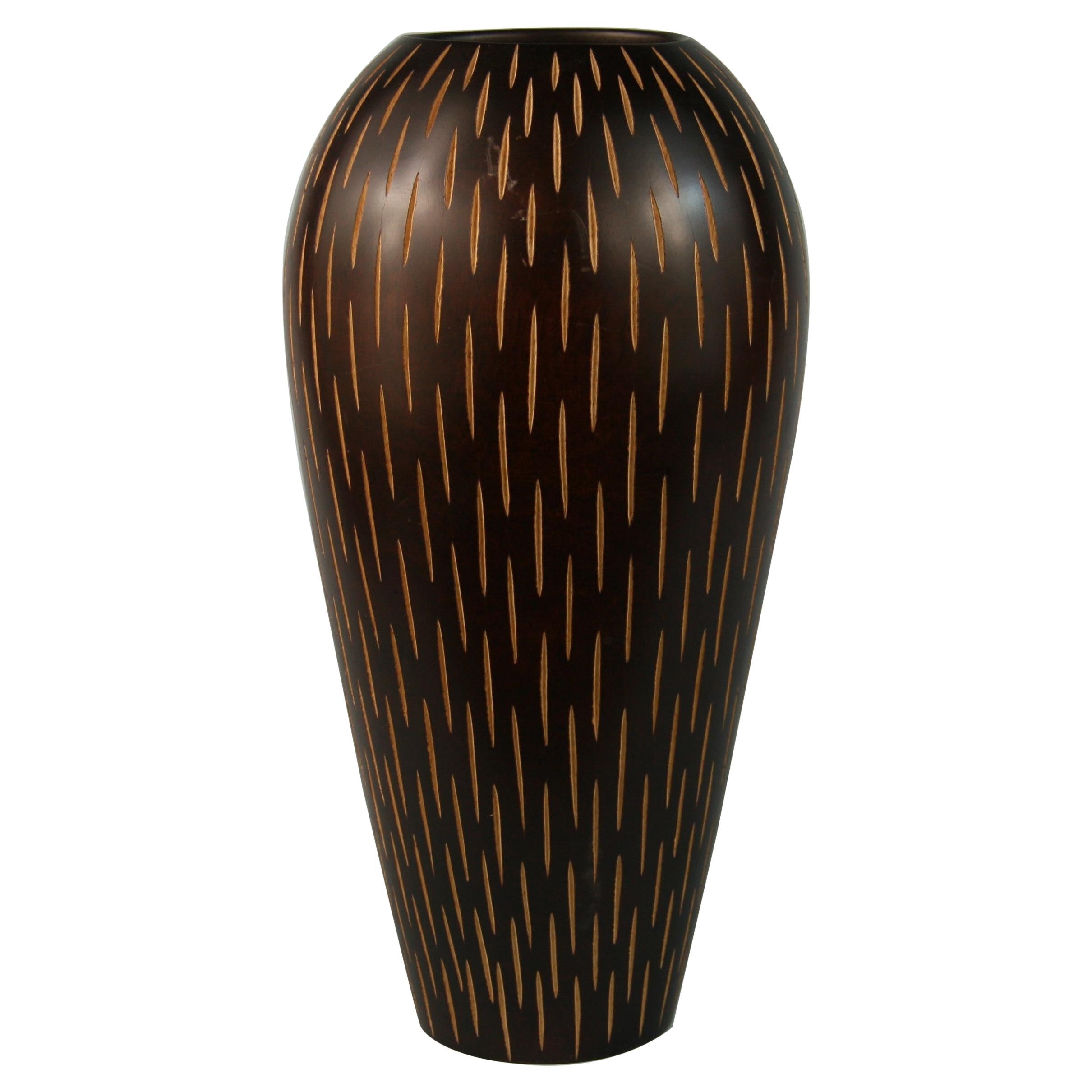 Japanese Hand Turned Wood Vase with Incised Vertical Slits For Sale