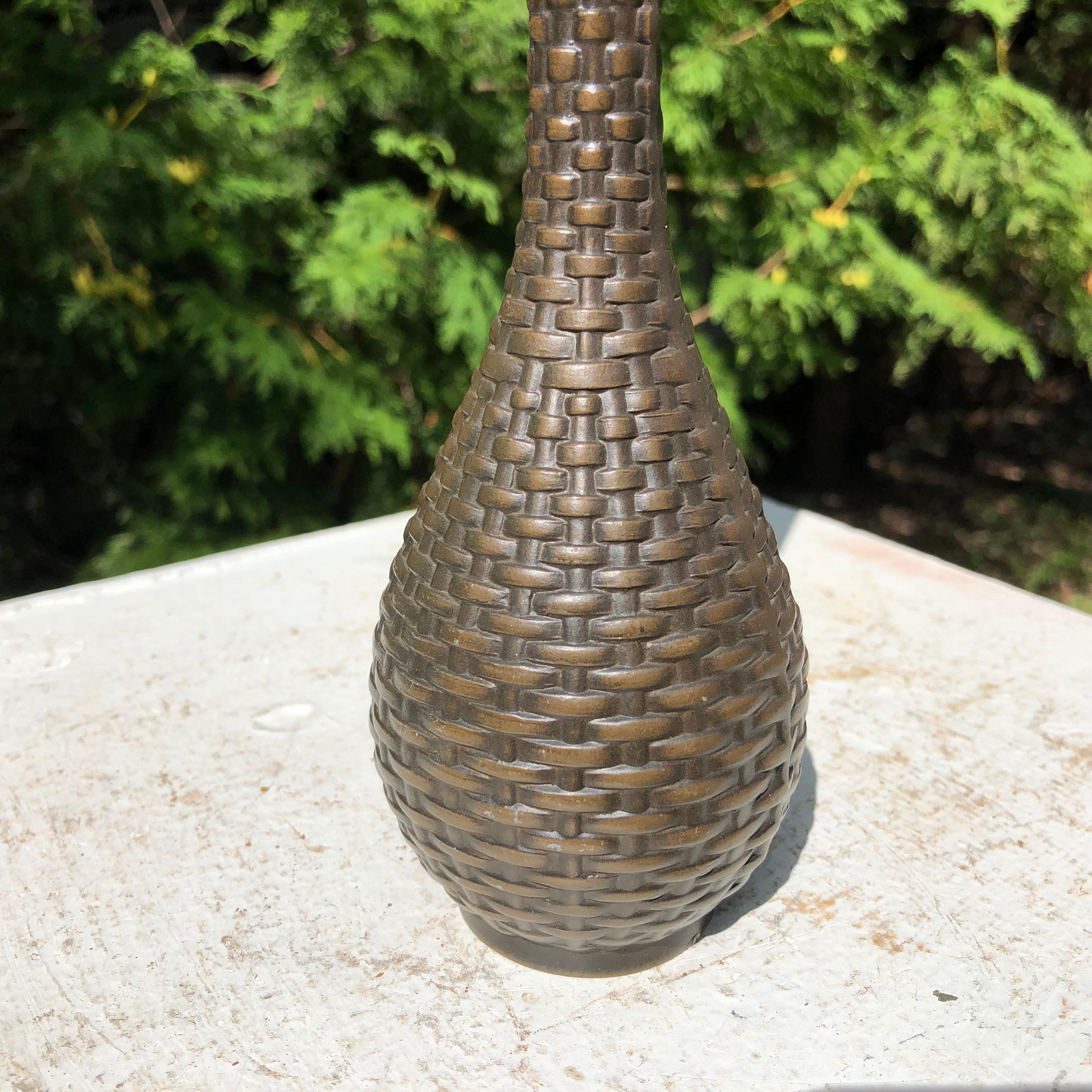 Showa Japanese Bronze Artisan Wicker Bud Vase