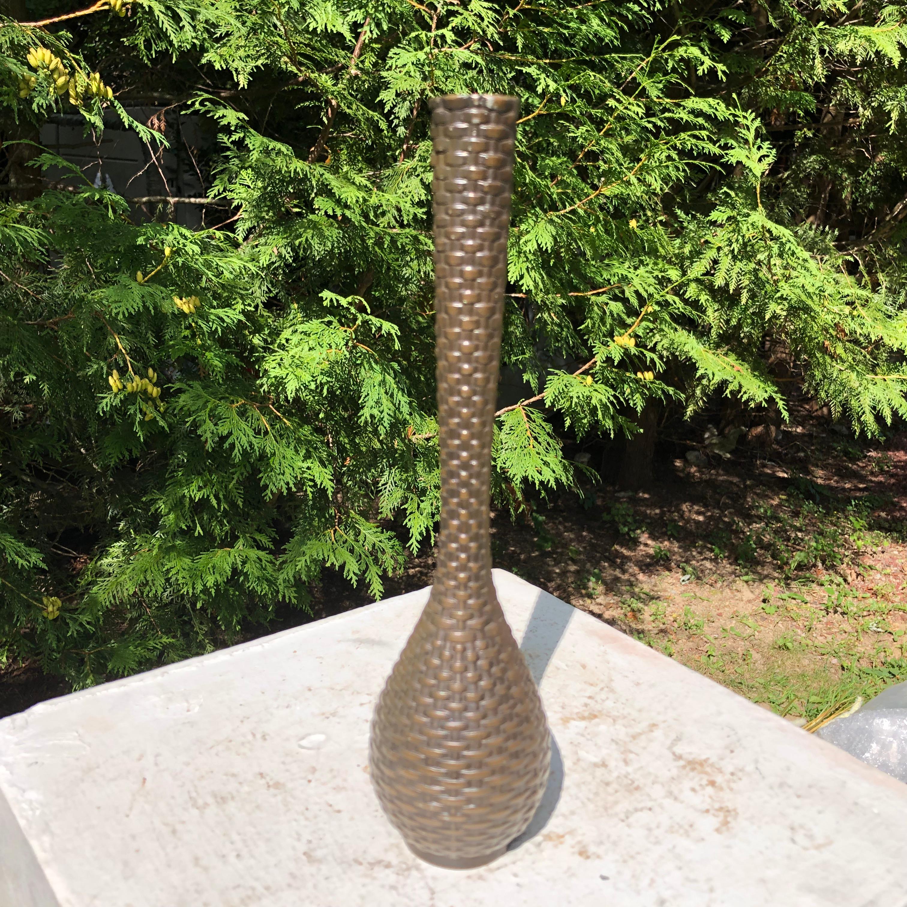 Japanese Bronze Artisan Wicker Bud Vase 1