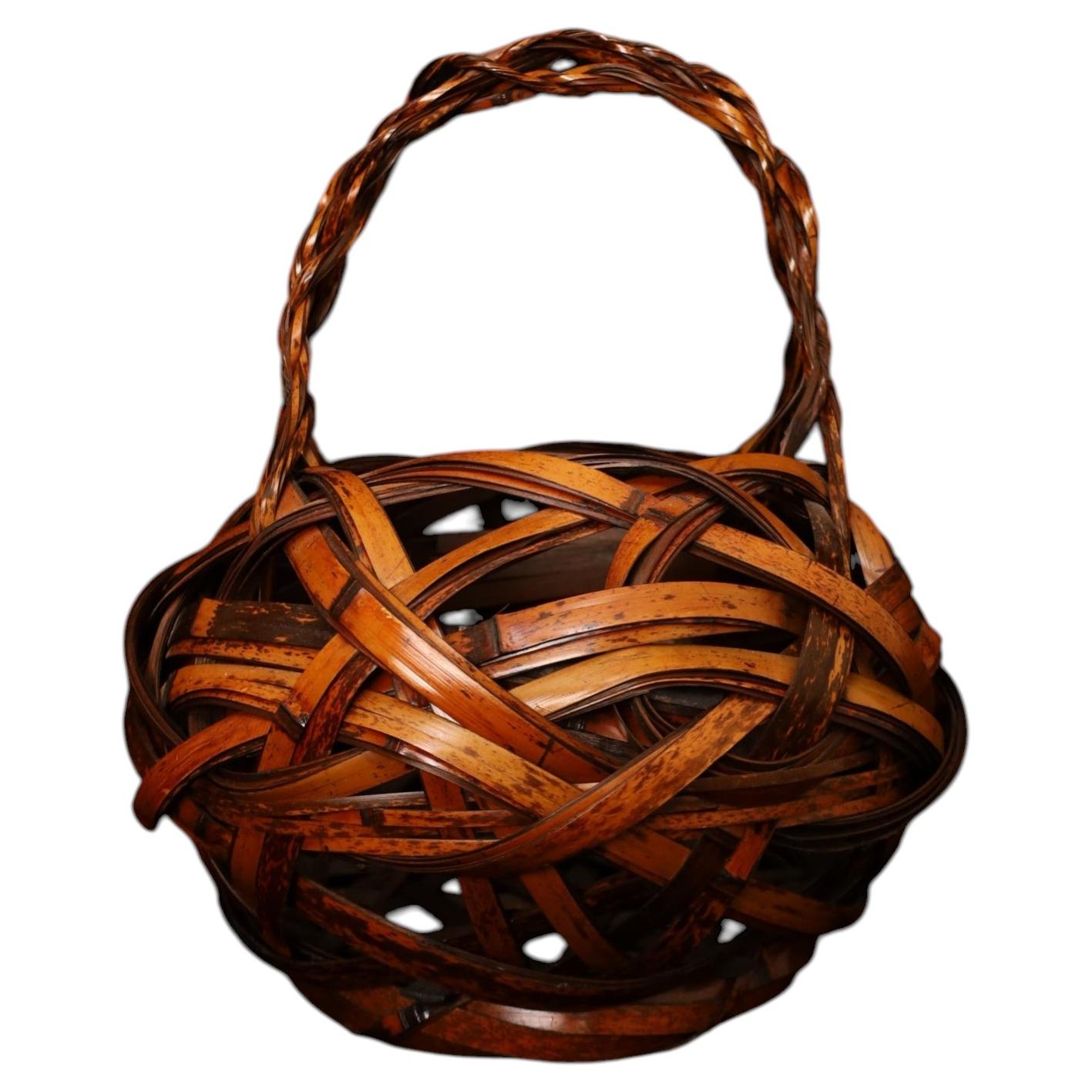 Japanese Handwoven Bamboo Ikebana Basket. Signed