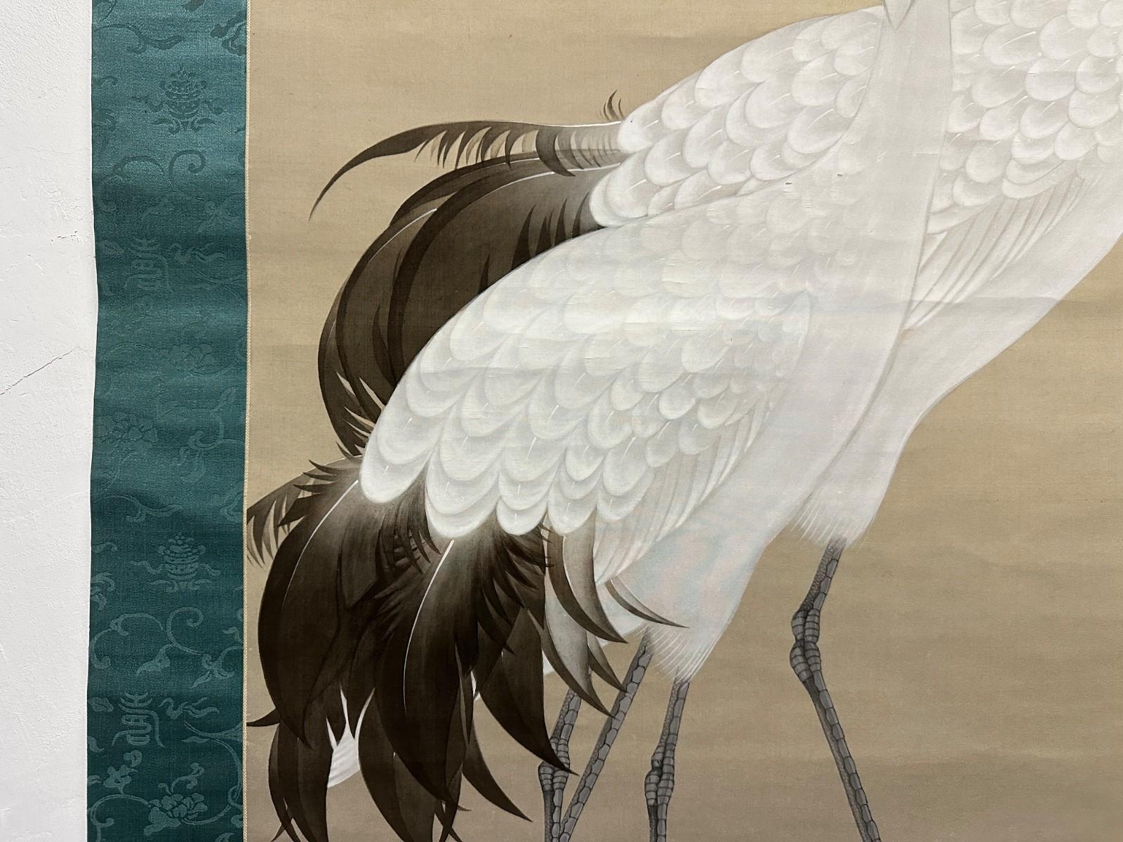 Japanese Hanging Scroll: Masterful Pair of Cranes, Taisho Period For Sale 6