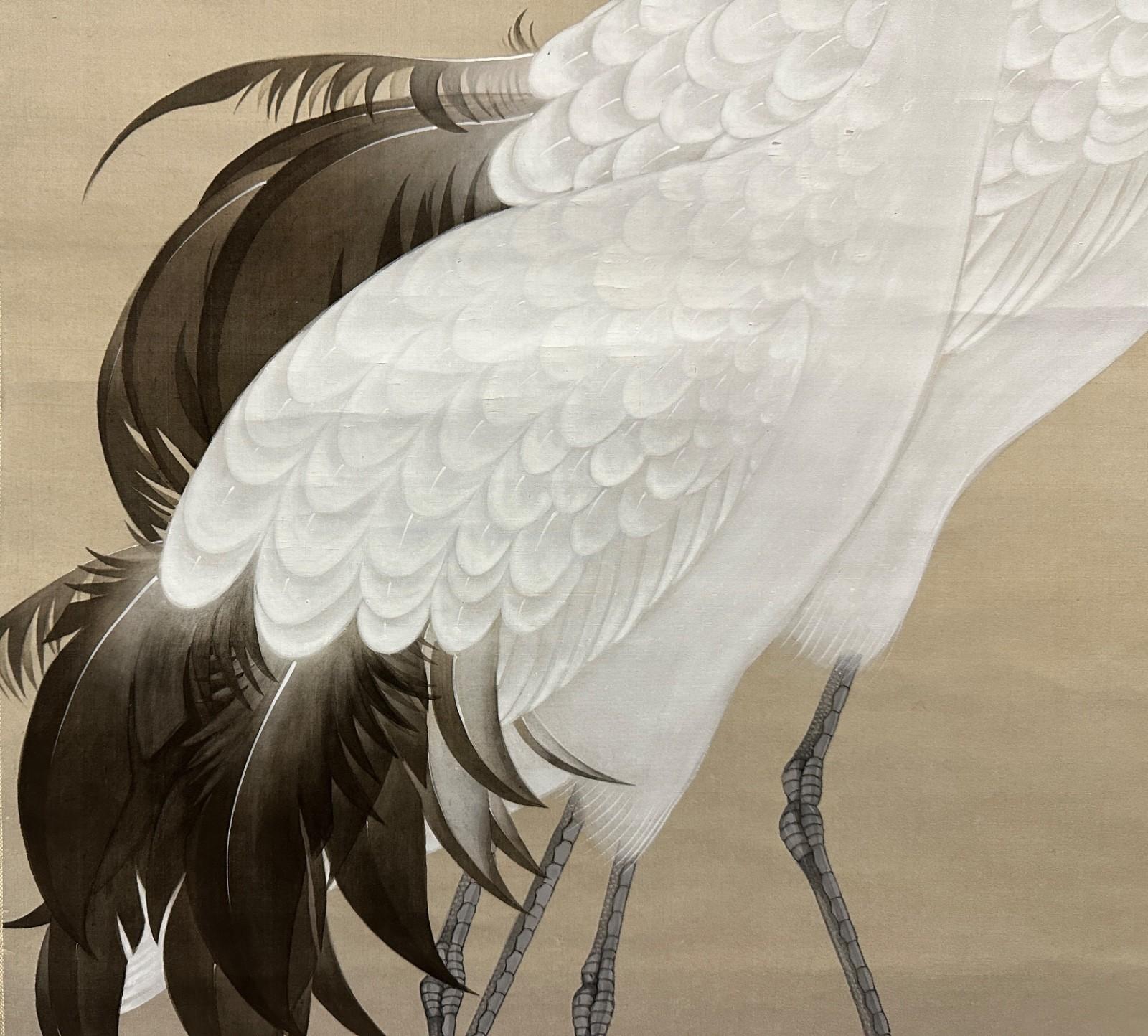 Japanese Hanging Scroll: Masterful Pair of Cranes, Taisho Period For Sale 7