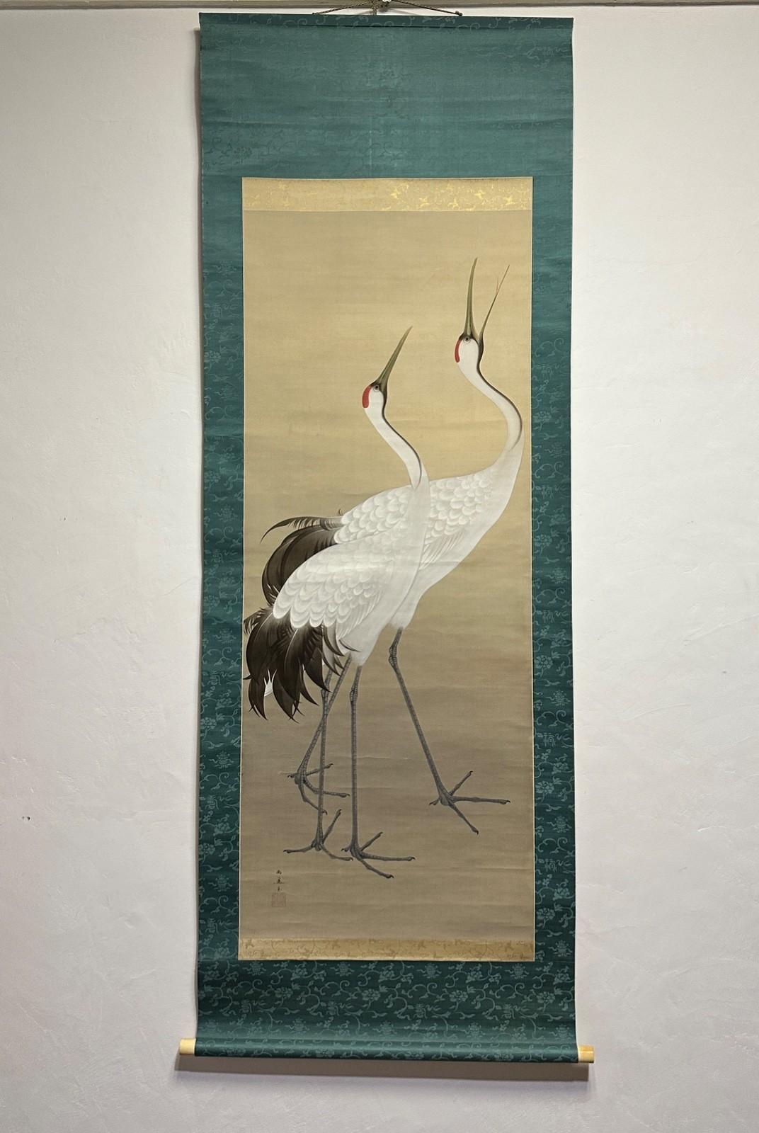 Japanese Hanging Scroll: Masterful Pair of Cranes, Taisho Period For Sale 8