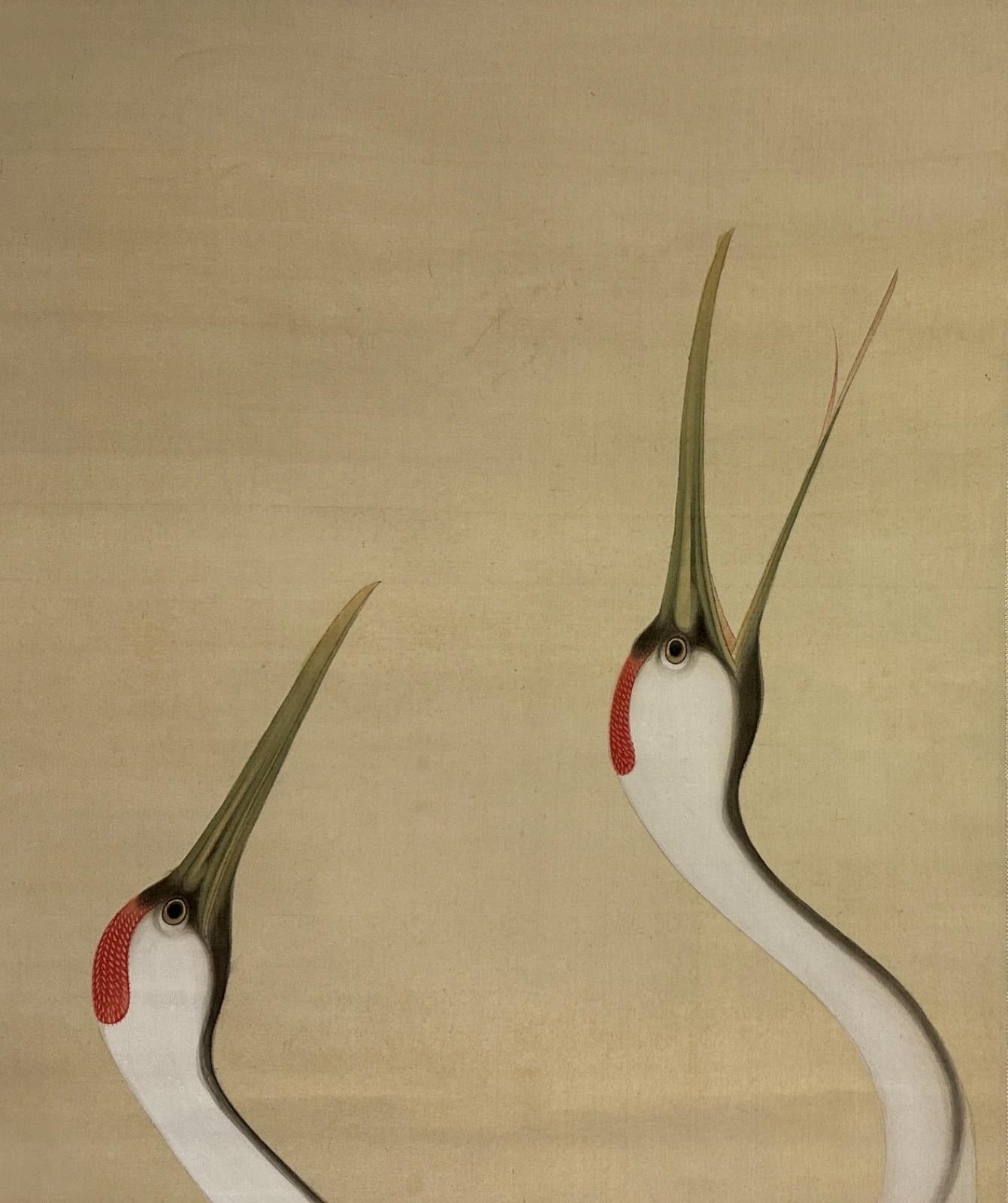 Hand-Painted Japanese Hanging Scroll: Masterful Pair of Cranes, Taisho Period For Sale