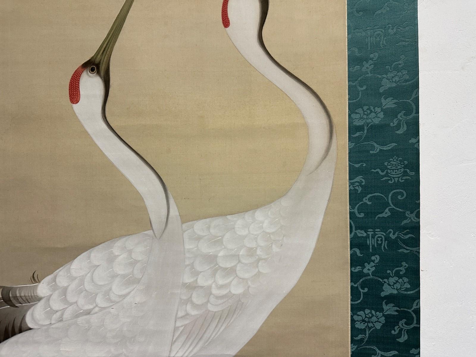 20th Century Japanese Hanging Scroll: Masterful Pair of Cranes, Taisho Period For Sale