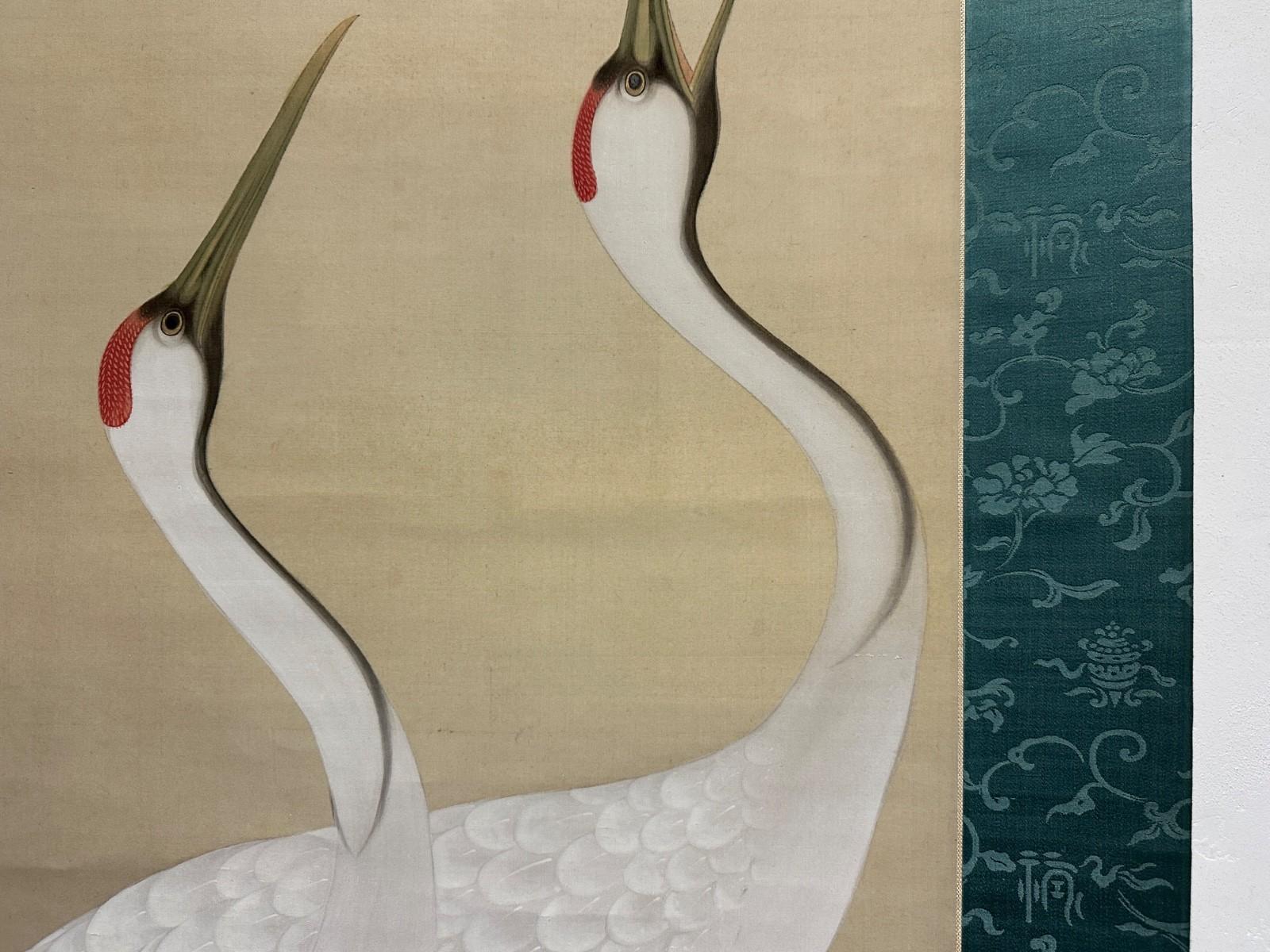Wood Japanese Hanging Scroll: Masterful Pair of Cranes, Taisho Period For Sale